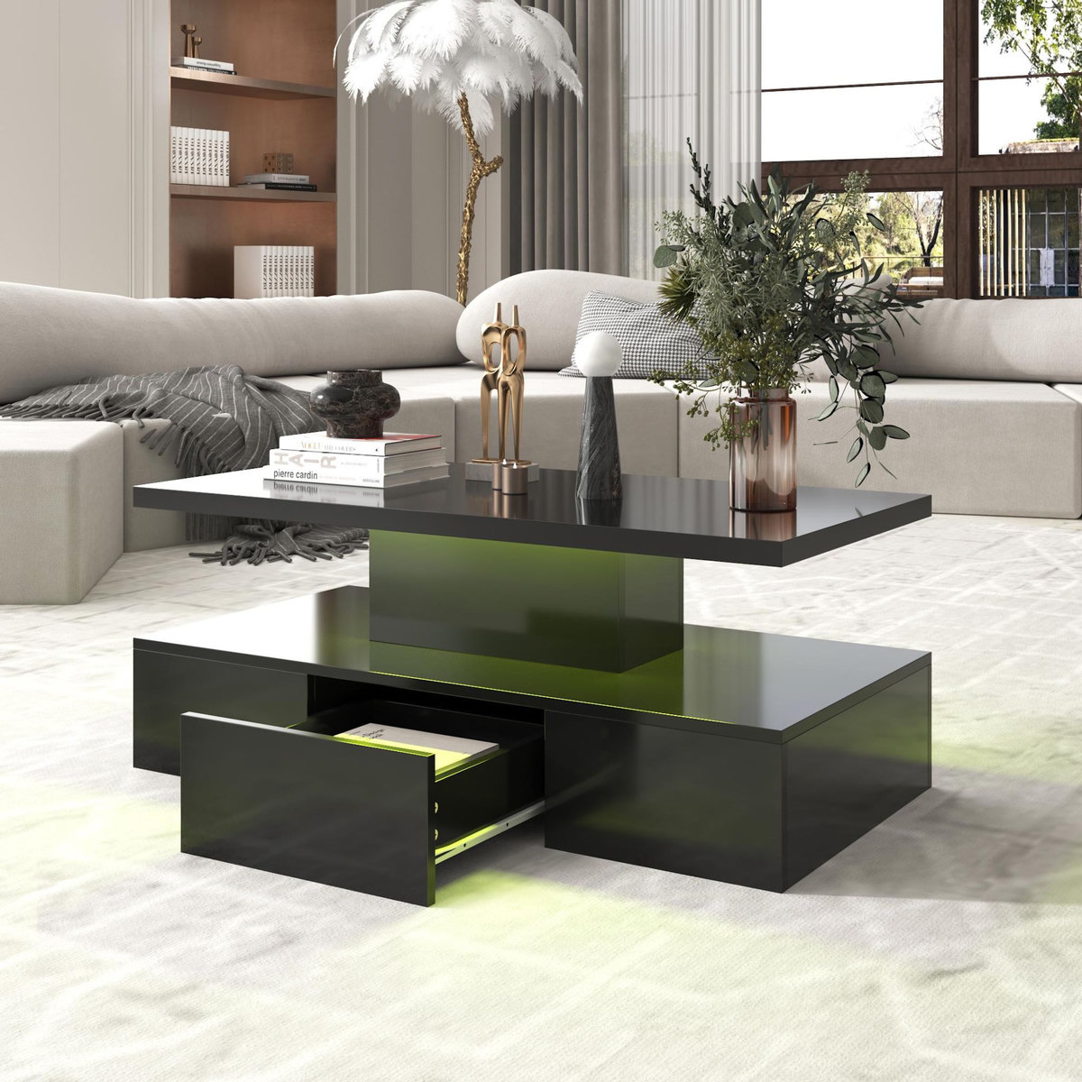 MERAX Table Basse Avec 1 Tiroir Et LED Noir