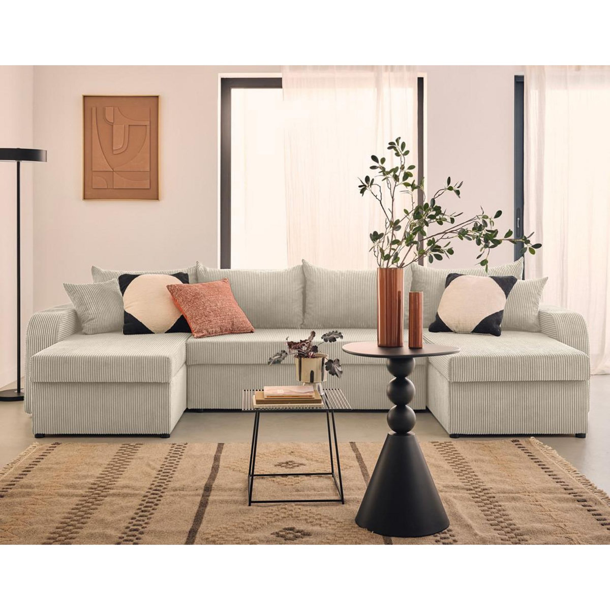 BEST MOBILIER Valos - canapé panoramique en u - 7 places - convertible avec coffres - en velours côtelé