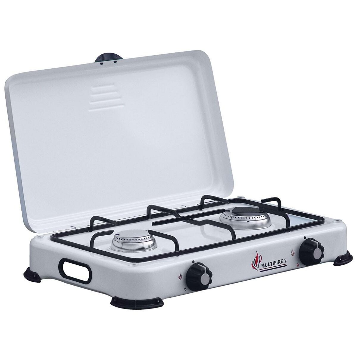 INTEC Plaque de cuisson gaz portable 2 feux 3200W Réchaud à gaz butane ou propane Blanc laqué Couvercle