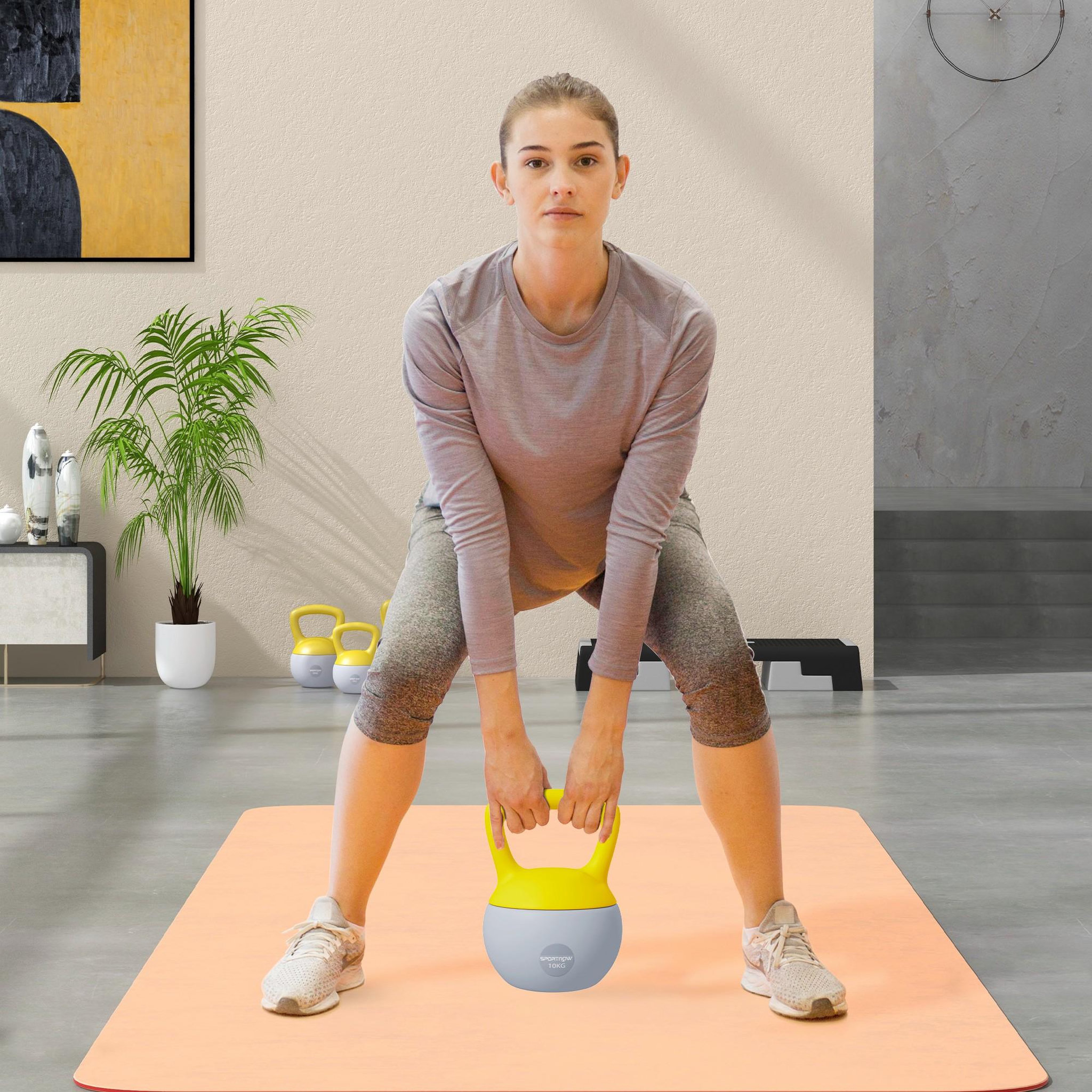 Voir la diapositive 2 : HOMCOM Kettlebell 10 kg - prise ergonomique - entraînement musculaire & haltérophilie - pvc gris jaune