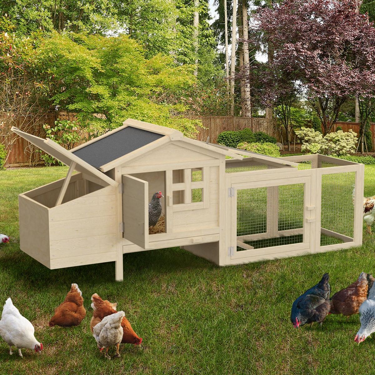 ID MARKET Poulailler sur pilotis avec enclos et pondoir en bois