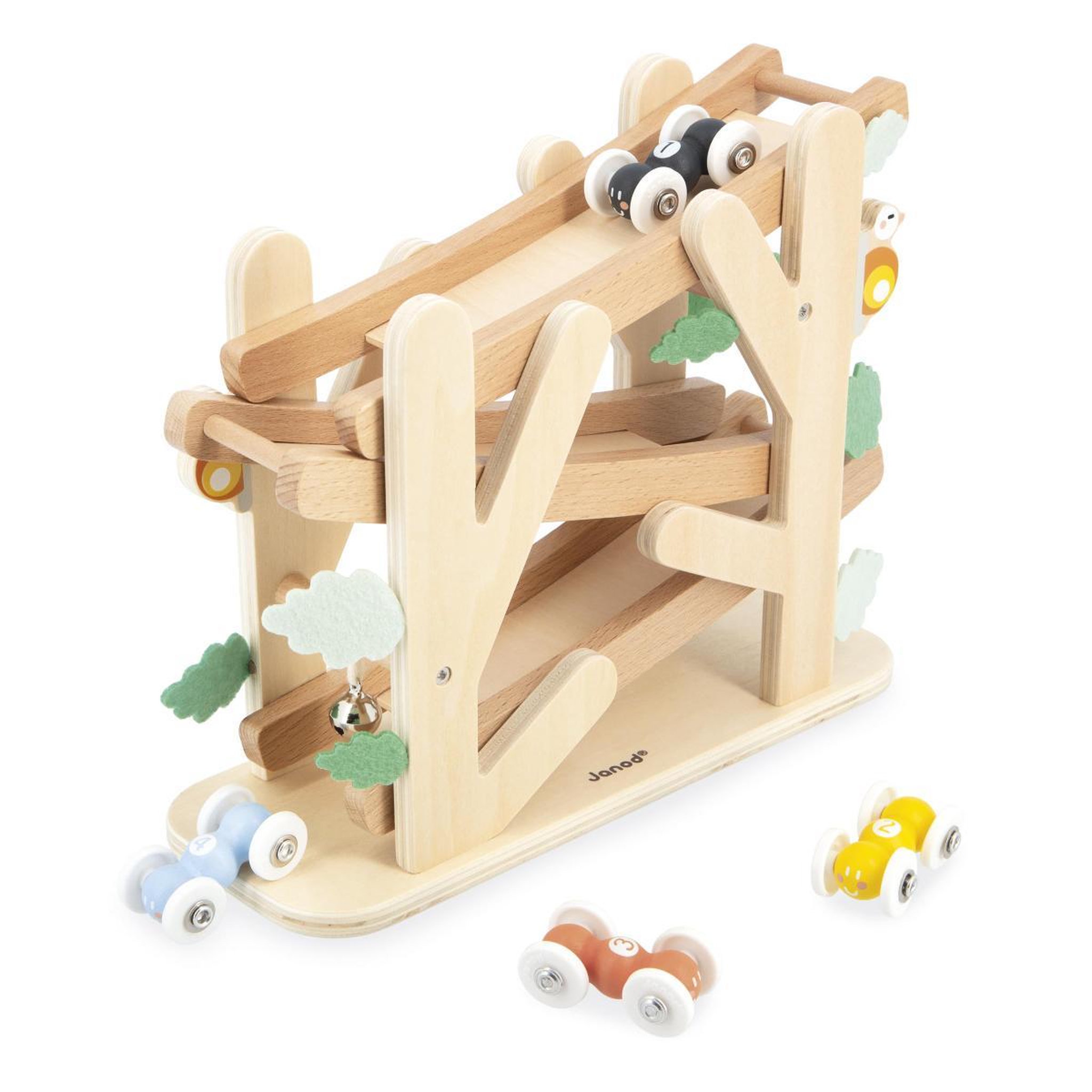 Juratoys-Janod Circuit en bois le Toboggan des fourmis avec 4 voitures