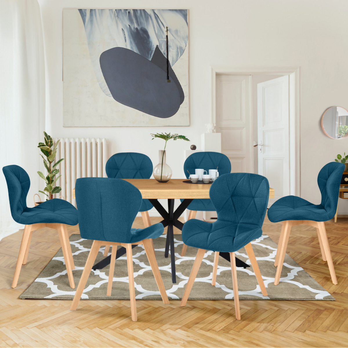 ID MARKET Lot de 6 chaises ROBINE en tissu bleu canard pour salle à manger