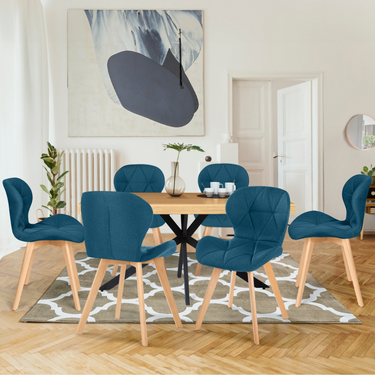 ID MARKET Lot de 6 chaises ROBINE en tissu bleu canard pour salle à manger