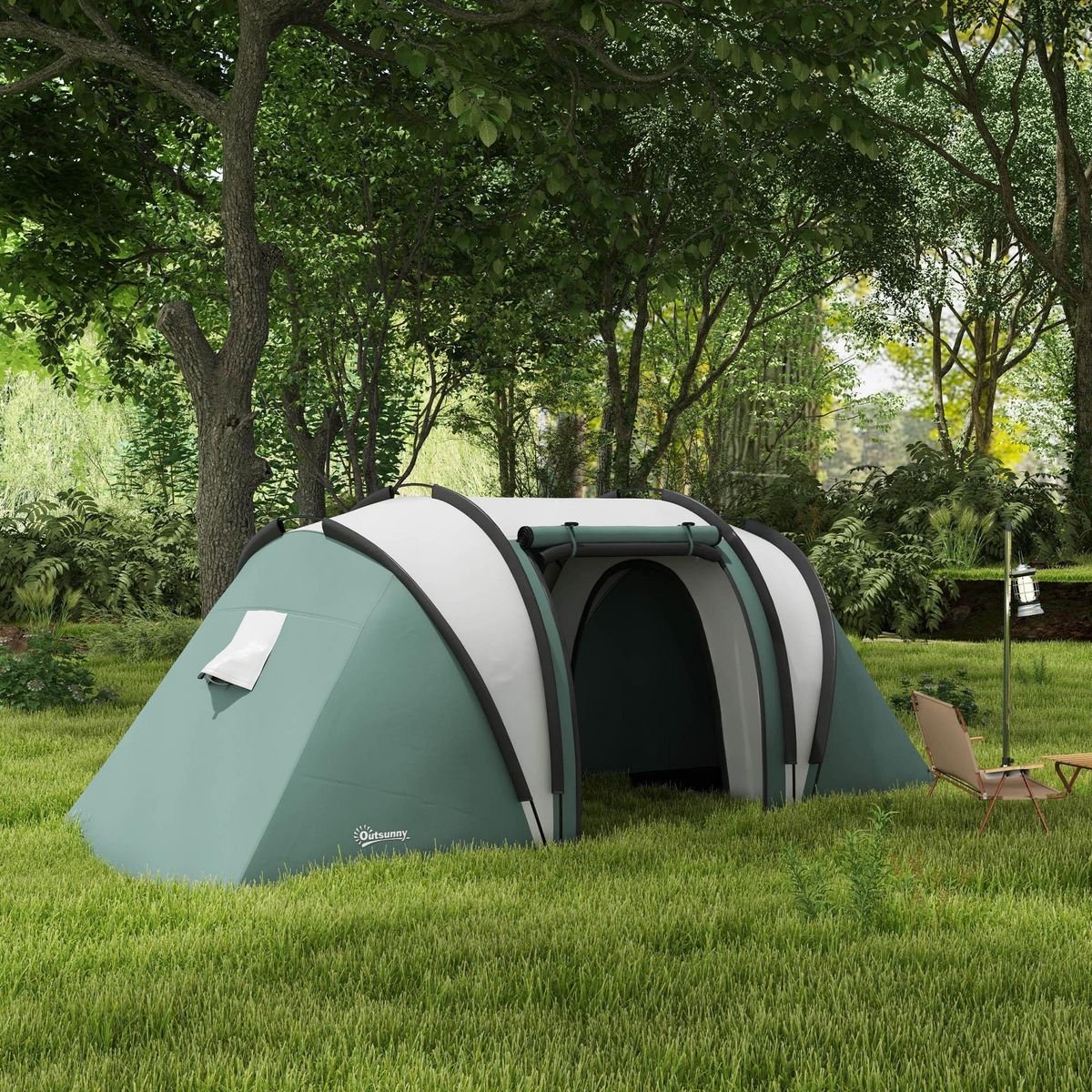 OUTSUNNY Tente de camping familiale 4-5 pers. 2 chambres 3 fenêtres sac vert