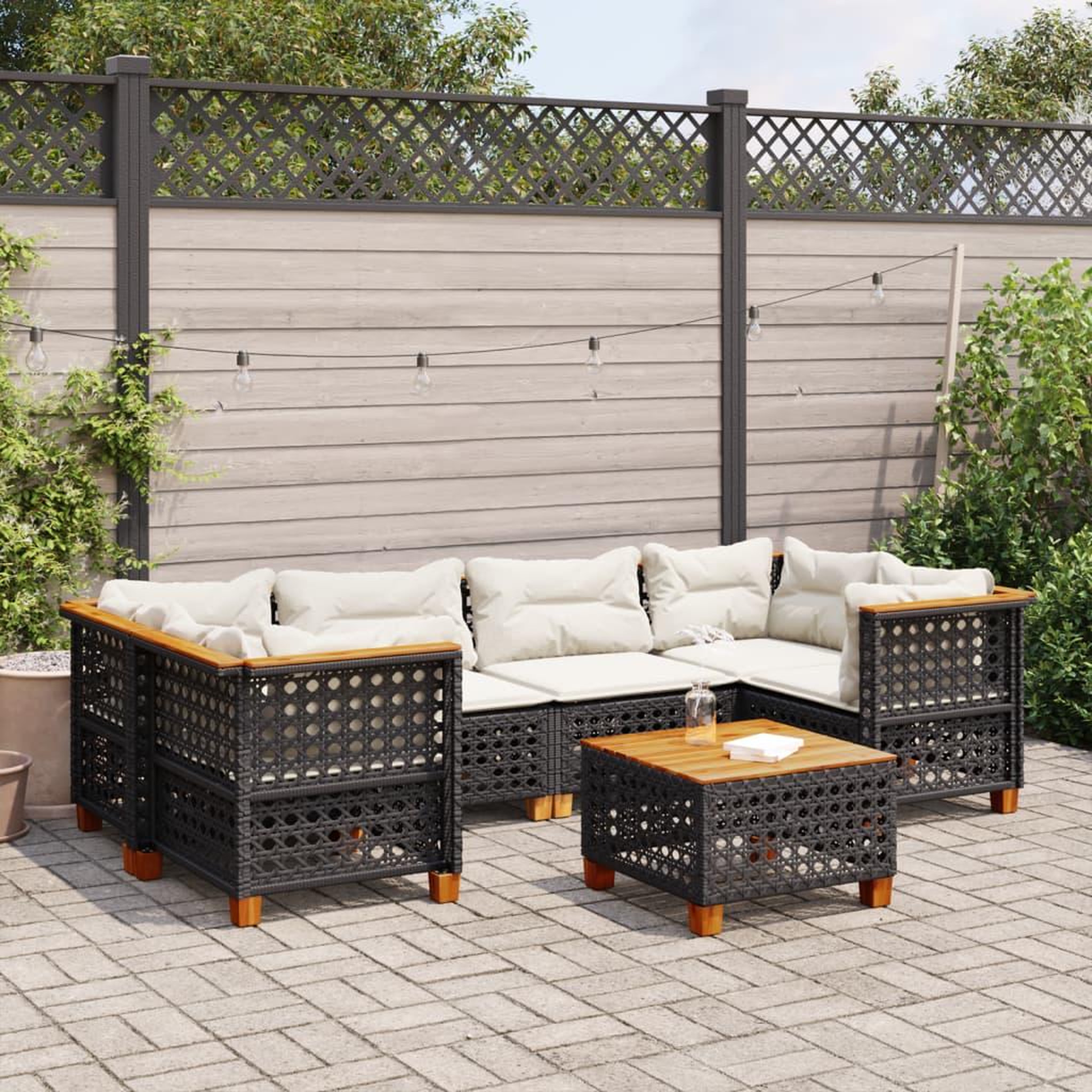VIDAXL Salon de jardin 7 pcs avec coussins noir resine tressee