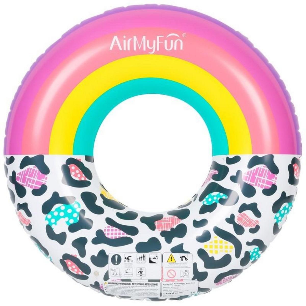 AIRMYFUN Bouée Gonflable Ronde XXL pour Piscine & Plage Ultra Confort, Flotteur Deluxe - Arc-En-Ciel Et Léopard ø120cm