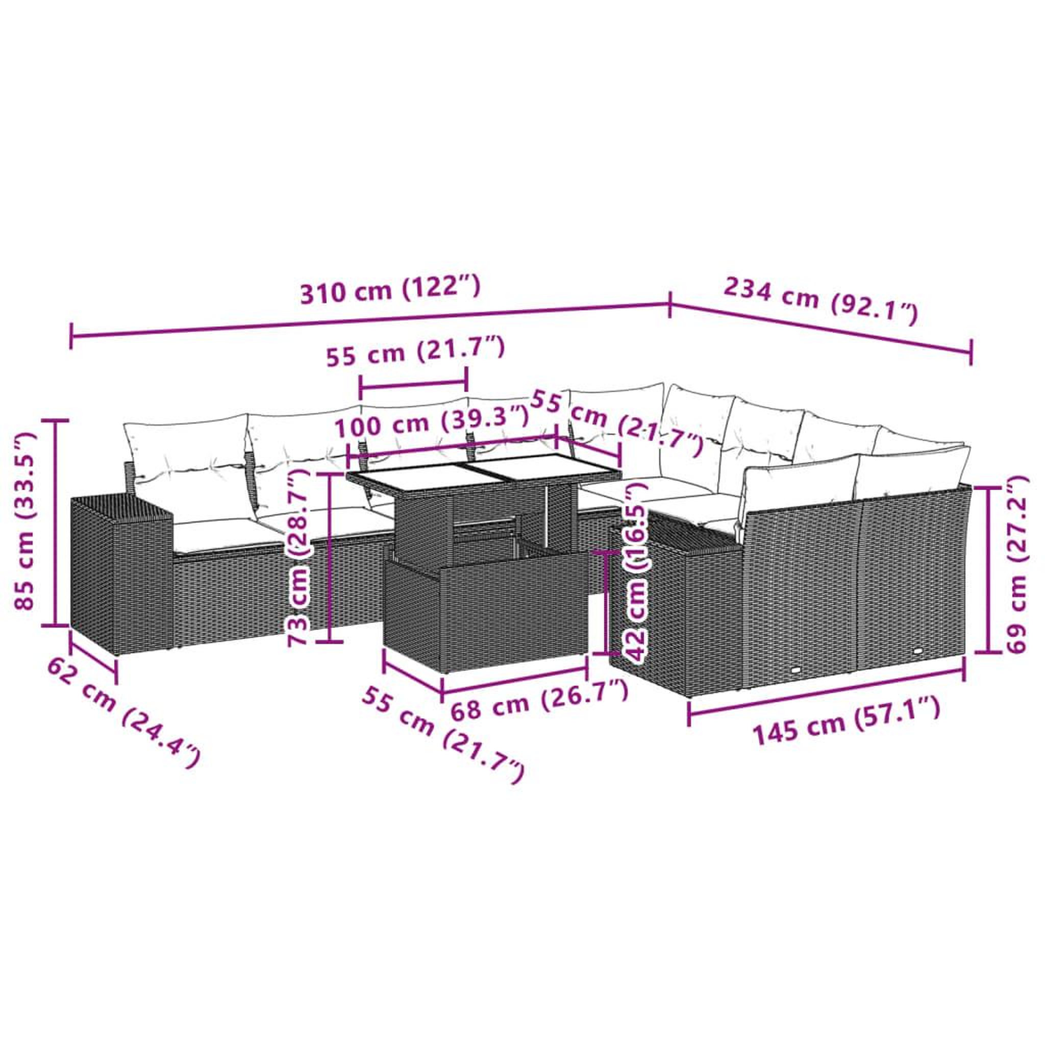 Voir la diapositive 6 : VIDAXL Salon de jardin 10 pcs avec coussins marron resine tressee