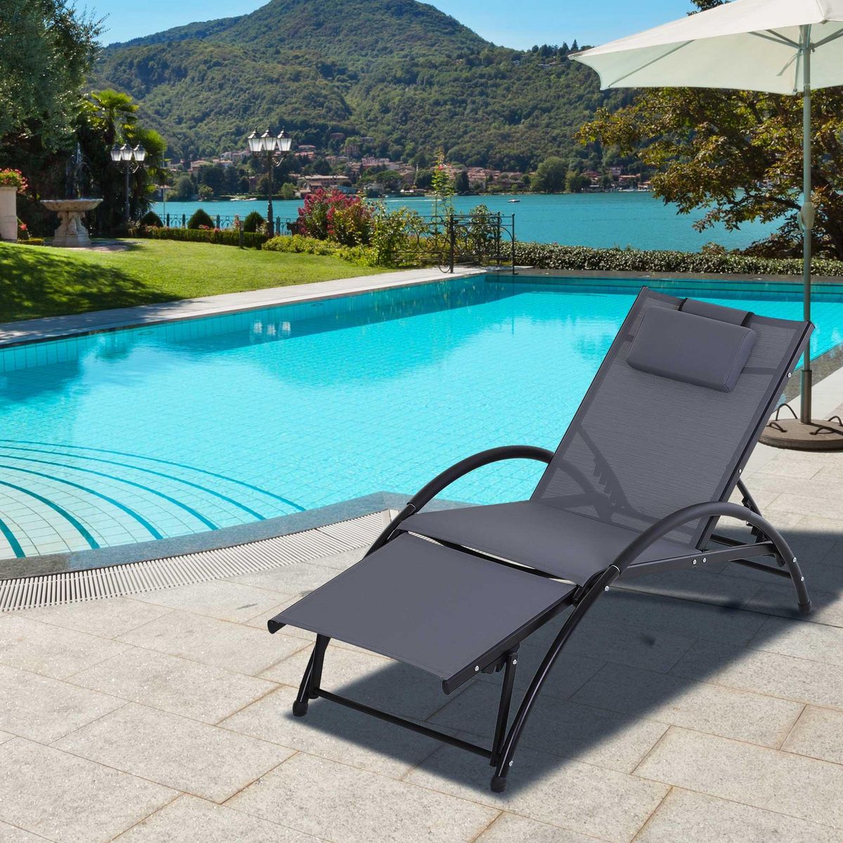 OUTSUNNY Bain de soleil transat design contemporain inclinable multi-positions repose-pied réglable tétière incluse alu textilène gris