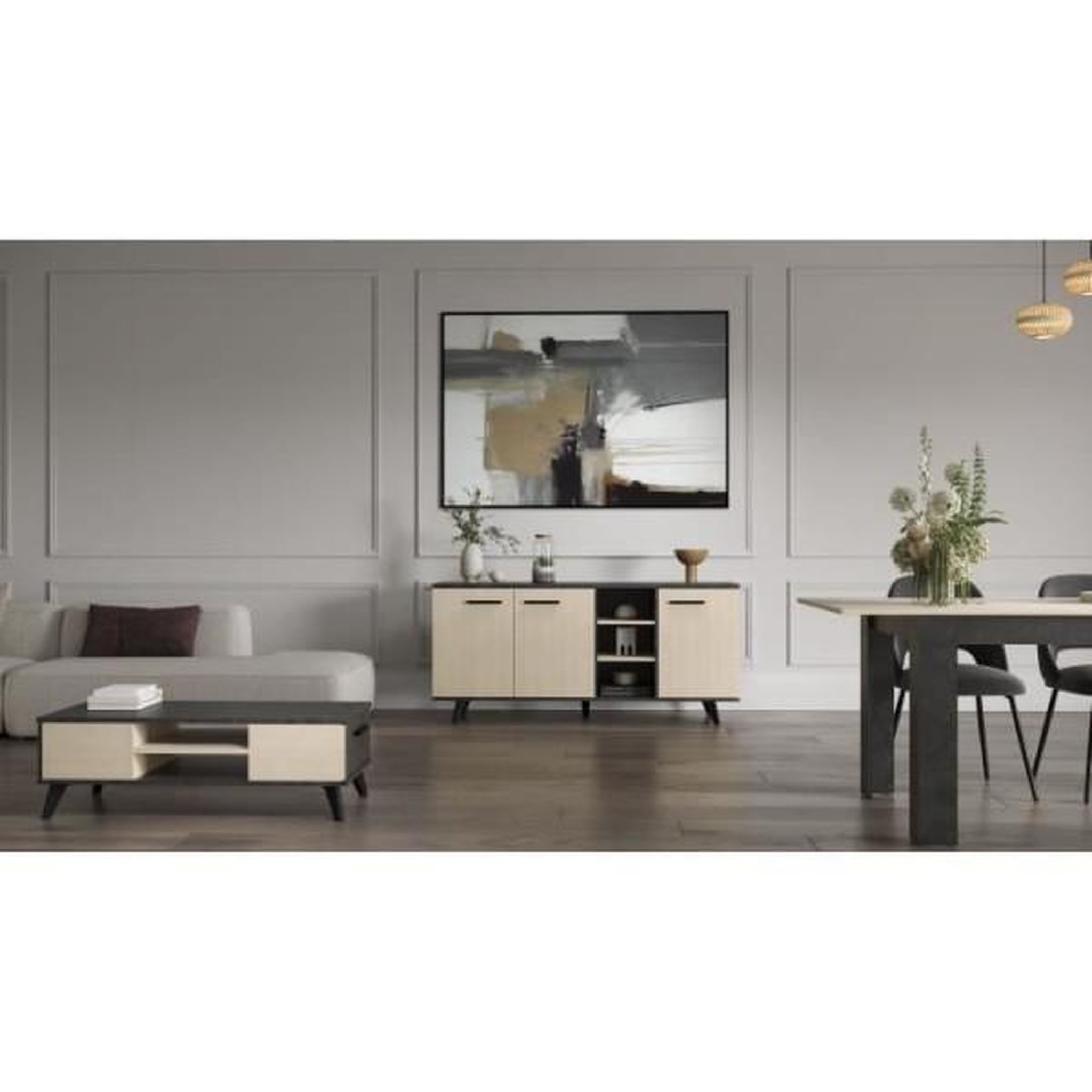 Voir la diapositive 2 : Demeyere Ensemble salon - enfilade, buffet haut, table basse - kent- chene de fil / sidewalk - demeyere