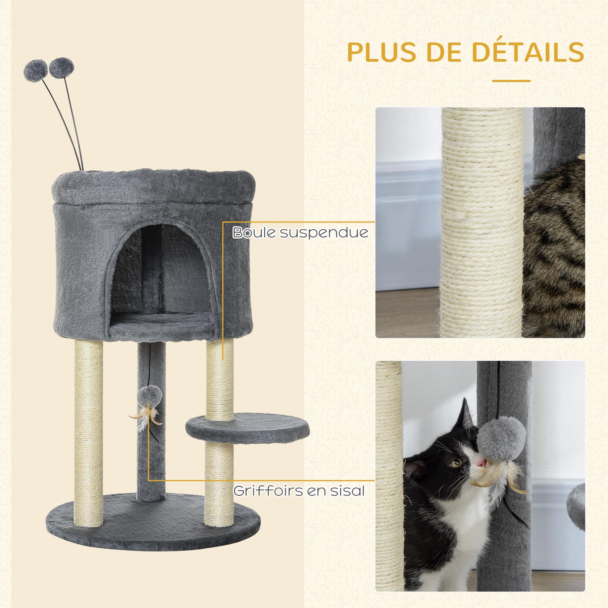 Voir la diapositive 5 : PAWHUT Arbre à chat 2 griffoirs sisal naturel niche plateforme panier observation jeu boules peluche gris