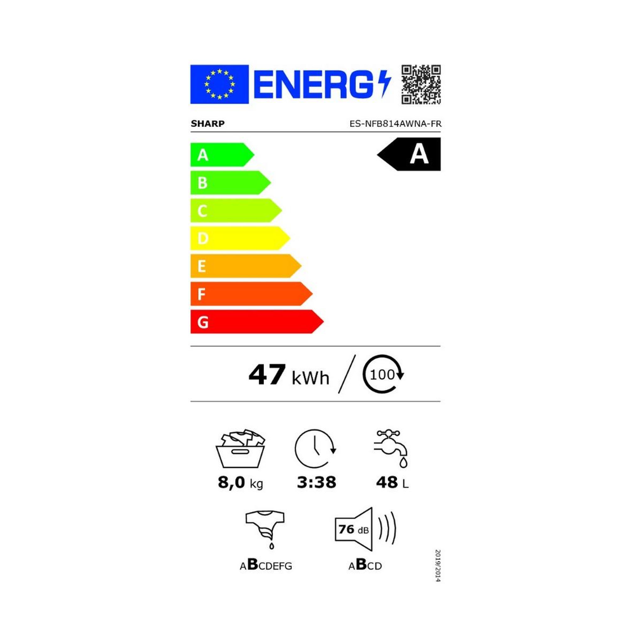 Voir la diapositive 2 : Sharp Lave-linge frontal 8kg 1400 tours/min - esnfb814awna