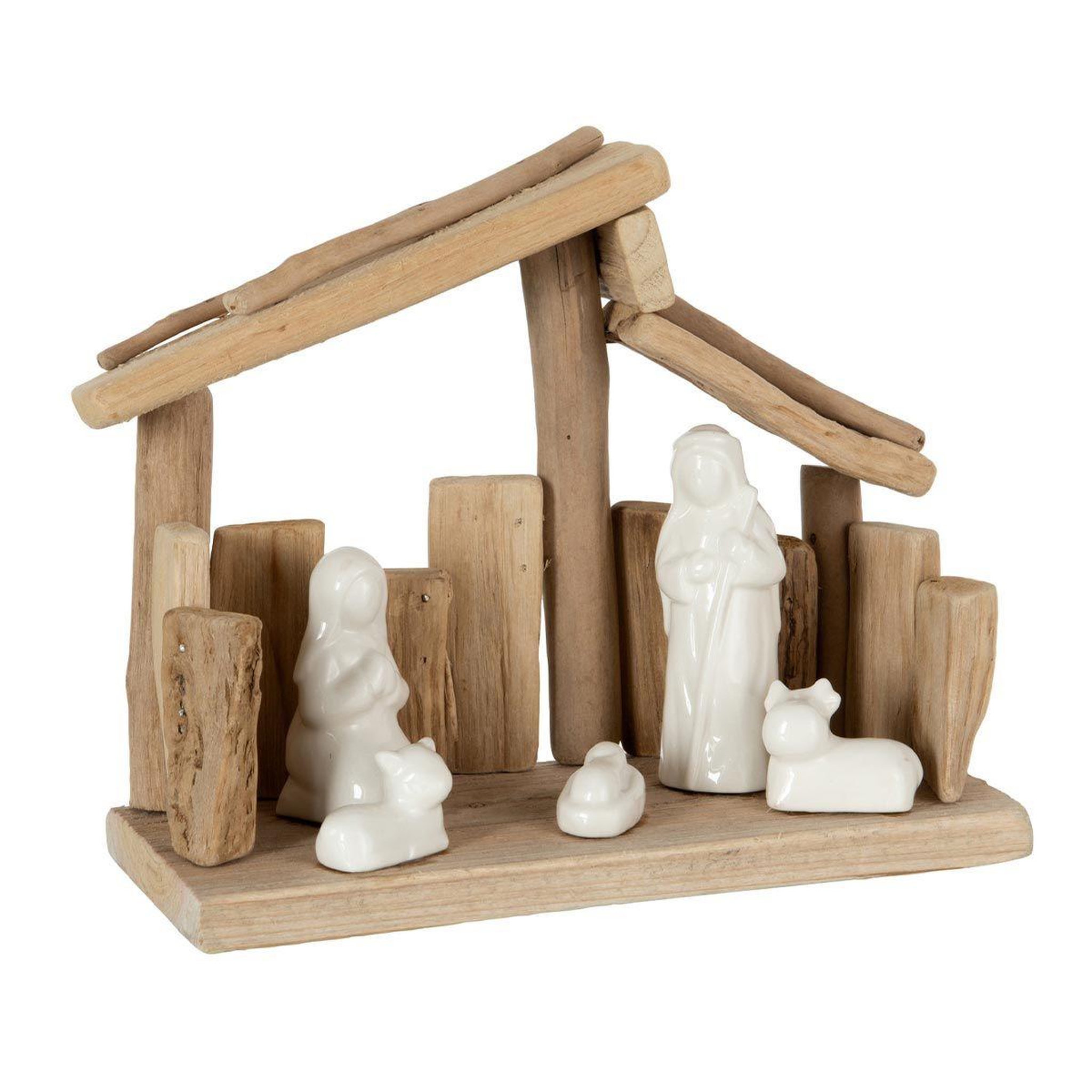 J-LINE Crèche de noël  toit incliné  23cm naturel & blanc