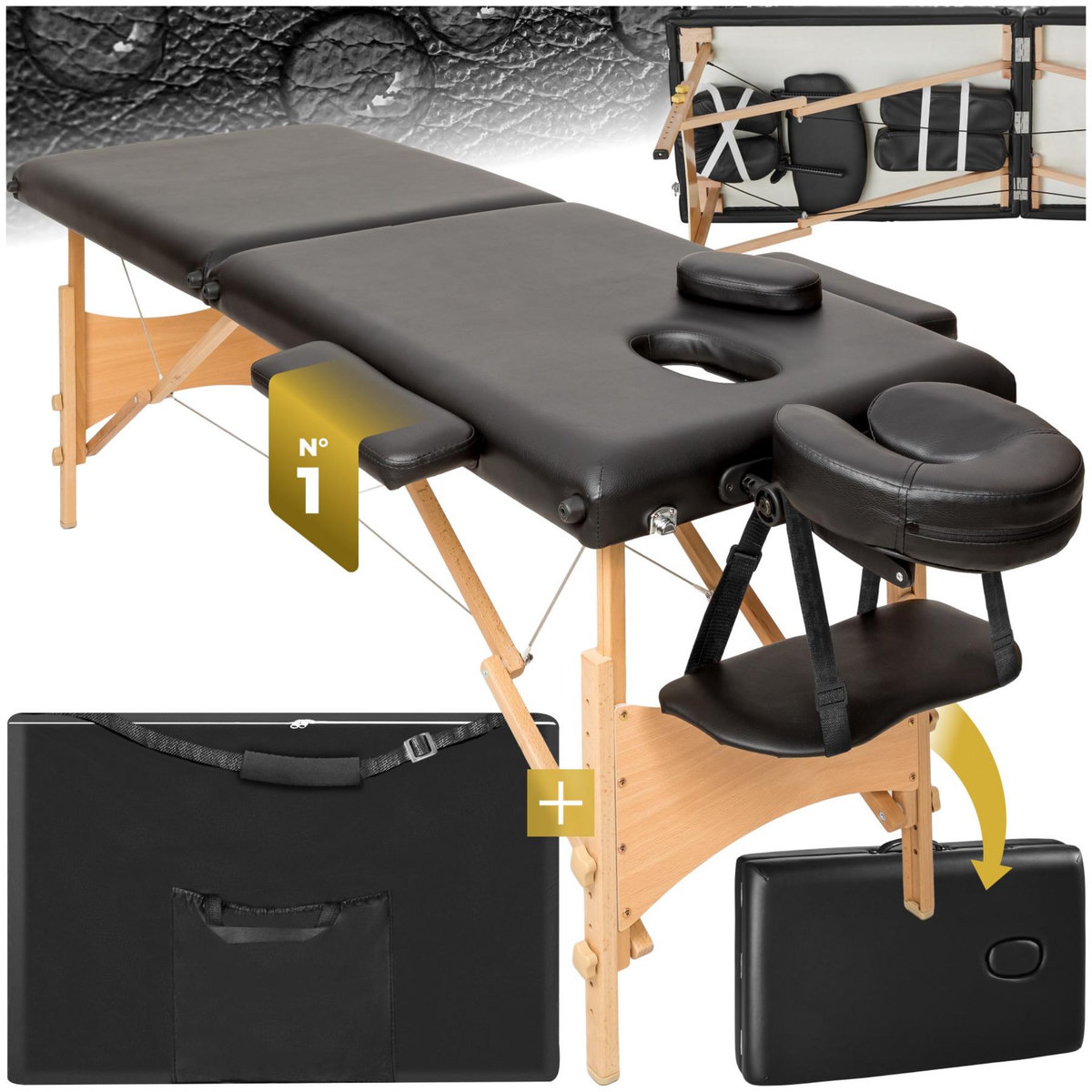 tectake Table de massage portable pliante 2 zones largeur 61 cm et rembourrage 5 cm noir