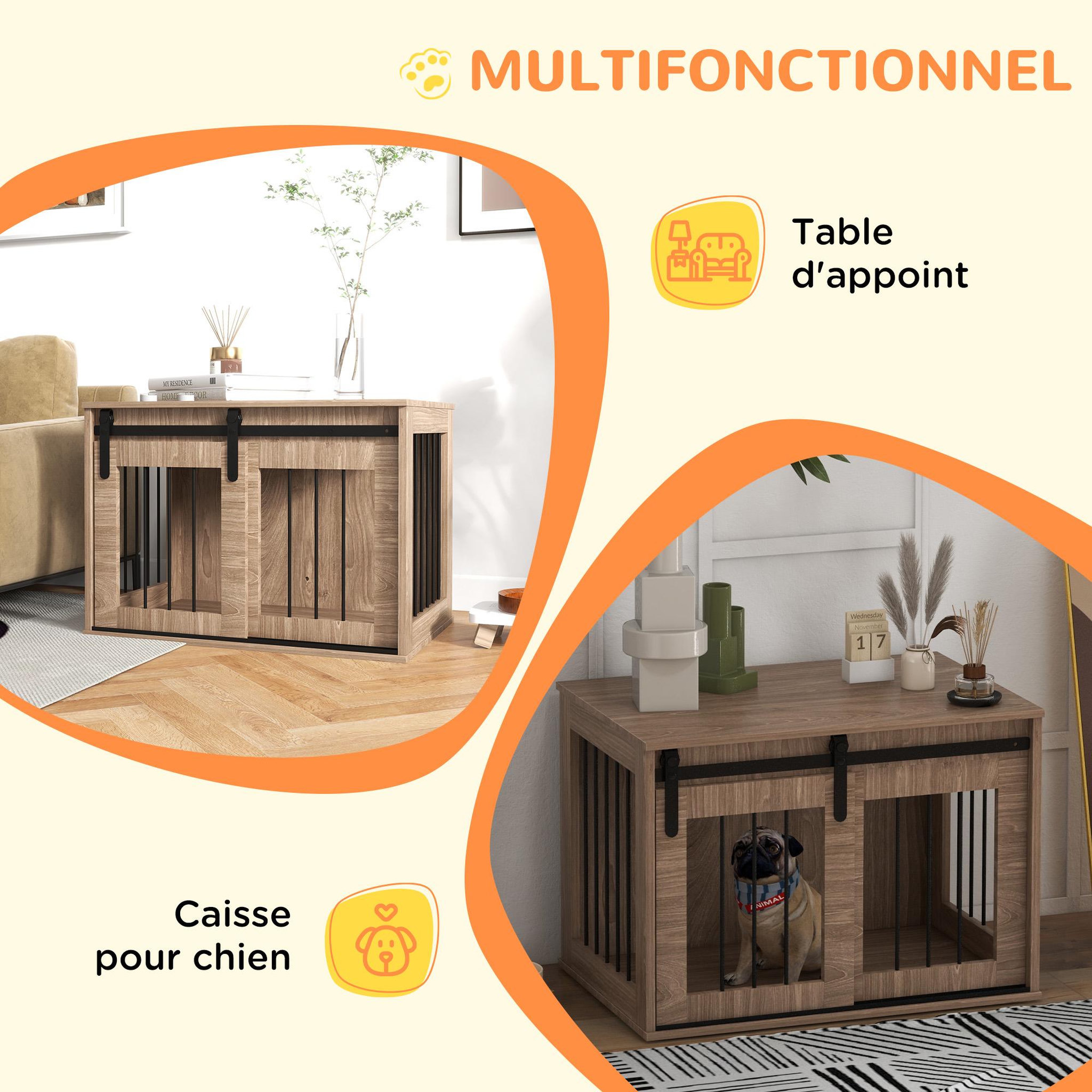Voir la diapositive 4 : PAWHUT Cage pour chien animaux style indisutriel - porte coulissante verrouillable - acier noir panneaux aspect bois