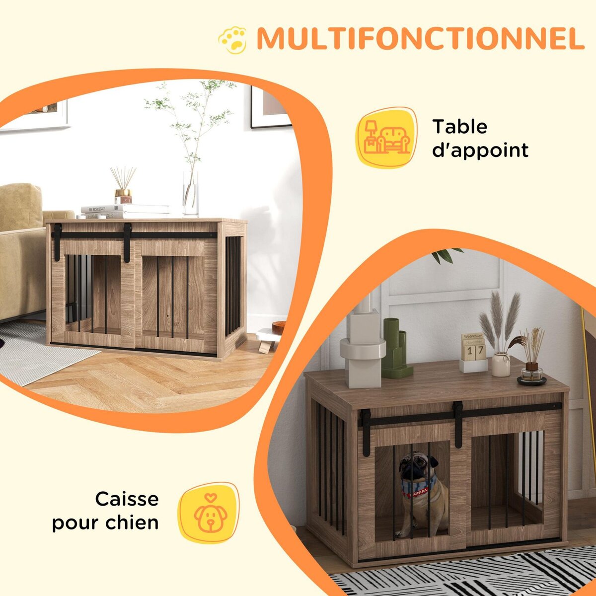 PAWHUT Cage pour chien animaux style indisutriel - porte coulissante verrouillable - acier noir panneaux aspect bois