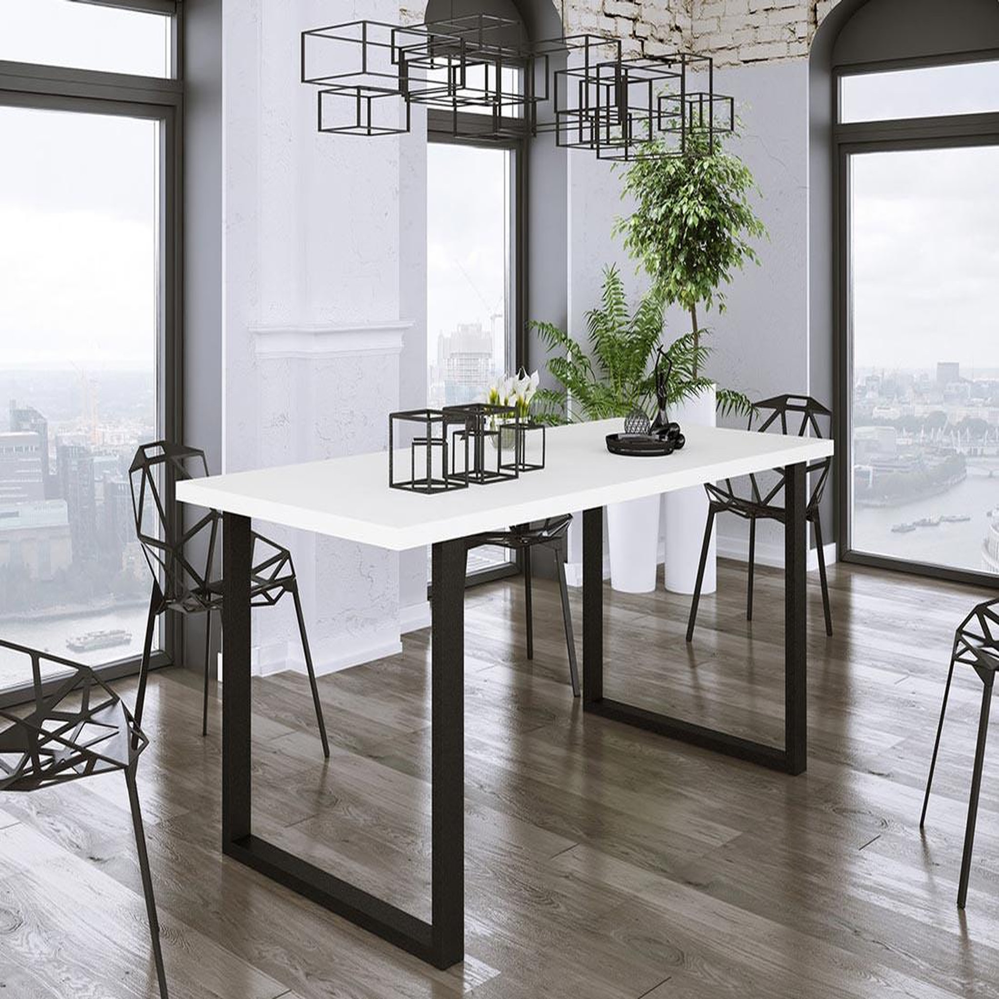 BEST MOBILIER Caronal - table à manger - blanche et pieds noirs - 4 à 8 personnes. Coloris disponibles : Bicolore