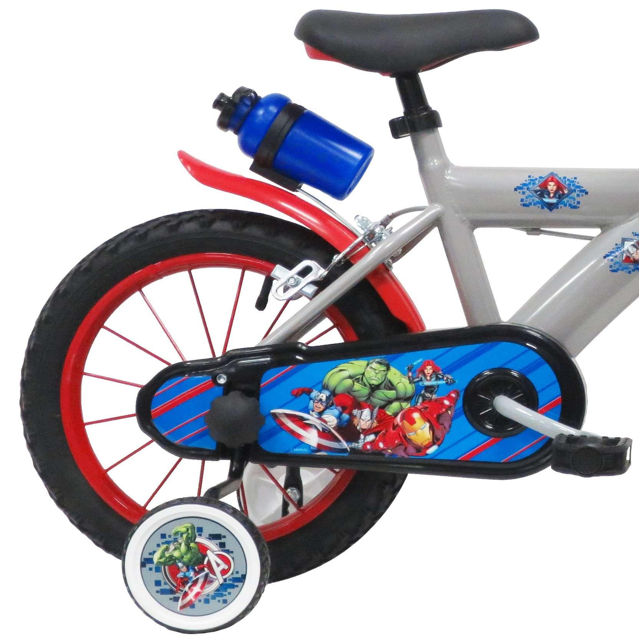 Voir la diapositive 2 : Marvel Vélo enfant - Modèle 14'' Avengers pour enfant de 95/110 cm avec stabilisateurs à molettes - Plaque décorative avant - Porte bidon - 2 freins et pneus gonflables