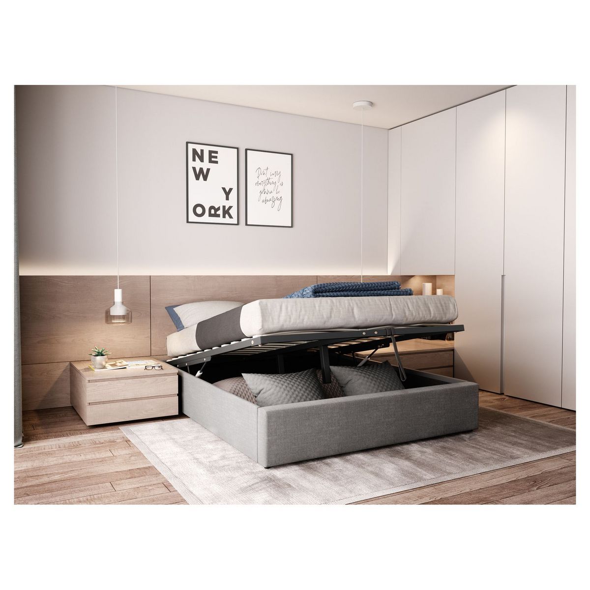 Lit coffre tissu avec sommier relevable 160x200 cm LEO