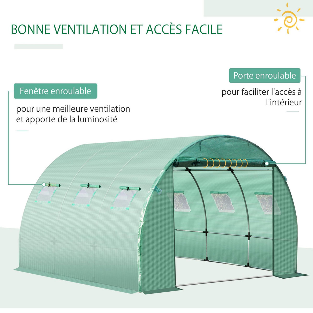 OUTSUNNY Bâche de rechange serre tunnel 9 m², bâche dim. 3L x 3l x 2H m PE anti-UV imperméable 6 fenêtres + porte enroulable zippée vert