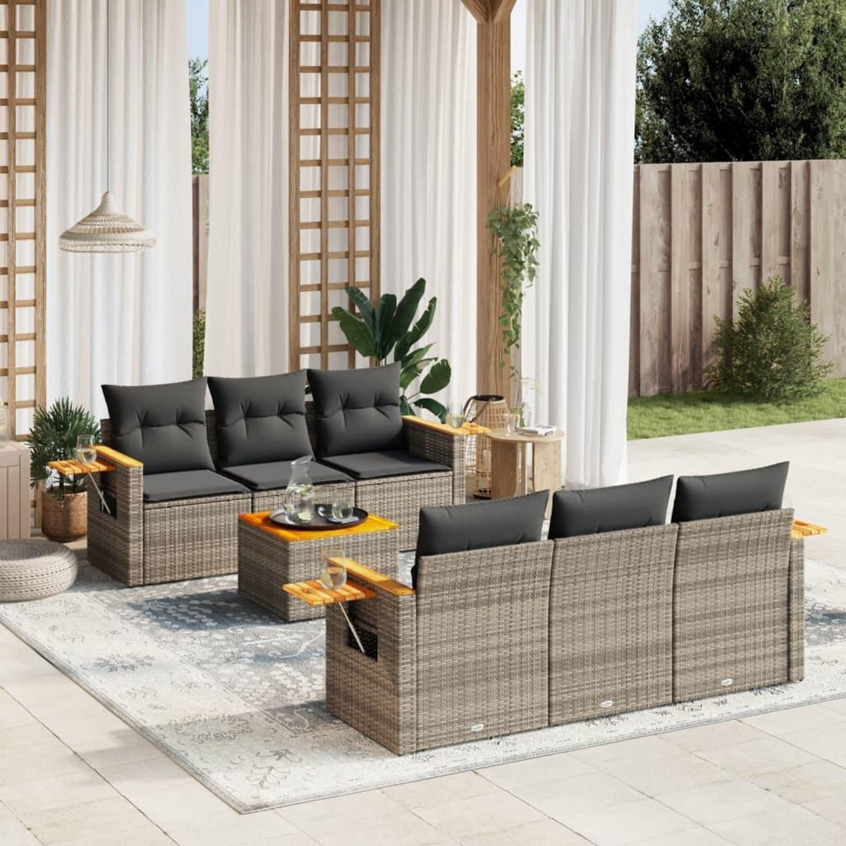 VIDAXL Salon de jardin avec coussins 7 pcs gris resine tressee