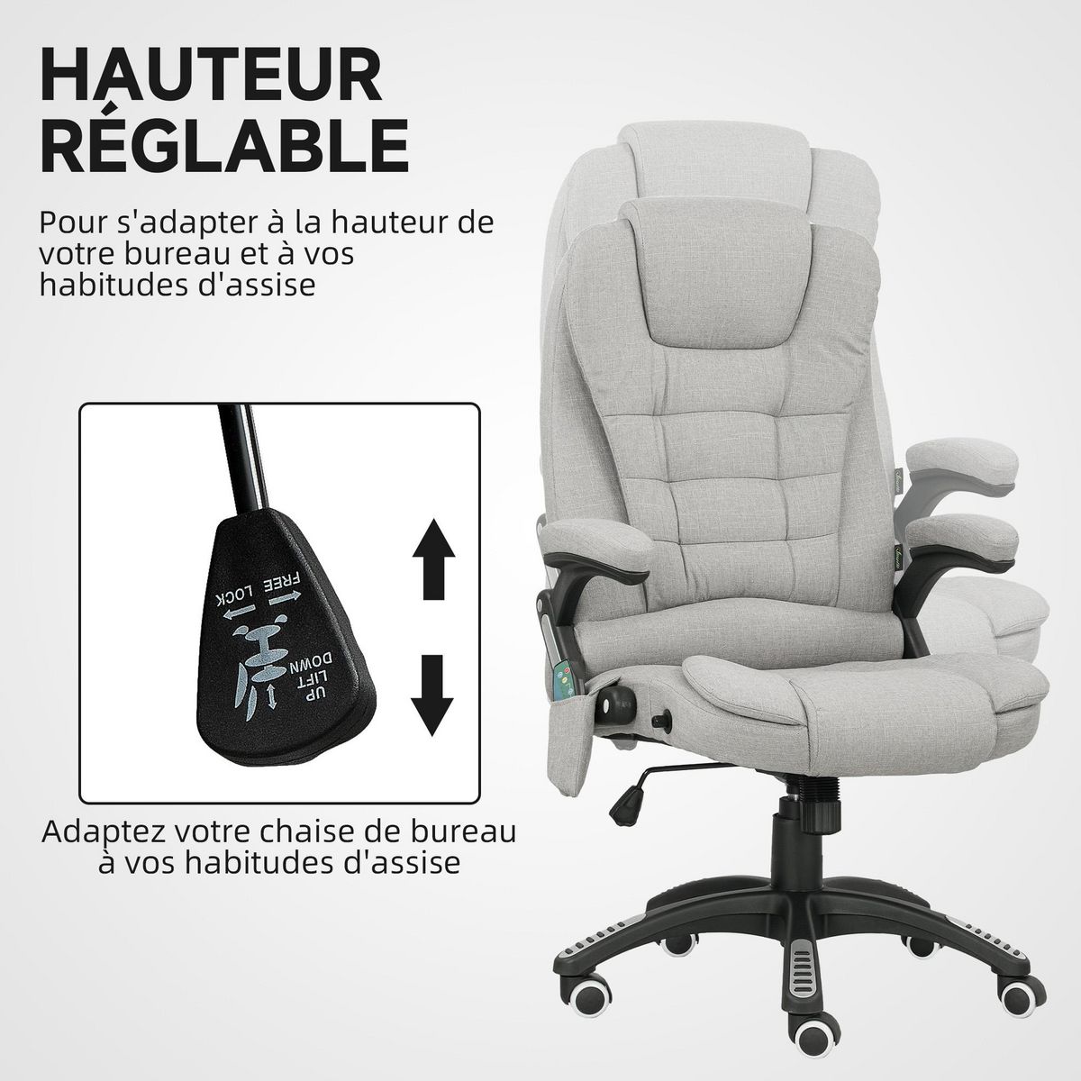 VINSETTO Fauteuil de bureau direction massant chauffant hauteur réglable dossier inclinable toile de lin gris clair