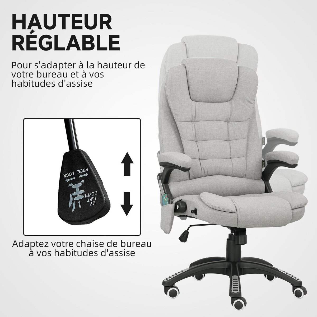 VINSETTO Fauteuil de bureau direction massant chauffant hauteur réglable dossier inclinable toile de lin gris clair