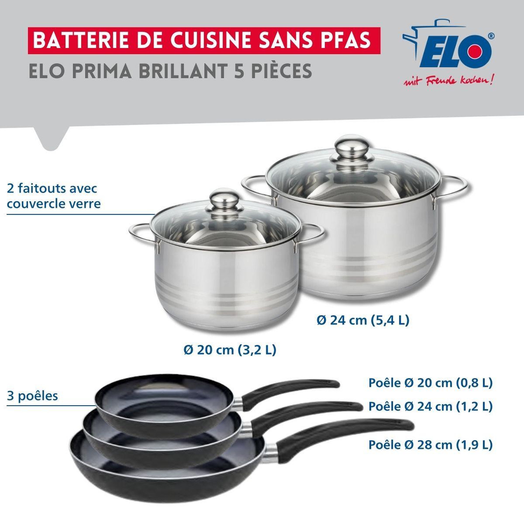 Voir la diapositive 2 : ELO Ensemble de 3 poêles de cuisson 20, 24 et 28 cm et 2 faitouts 20 et 24 cm elo prima brillant