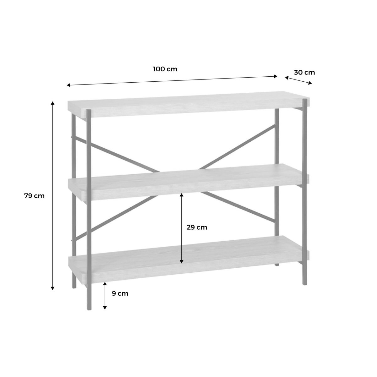 SWEEEK Etagère 3 niveaux industrielle effet frêne et métal - LOFT L 100 x l 30 x H 79cm