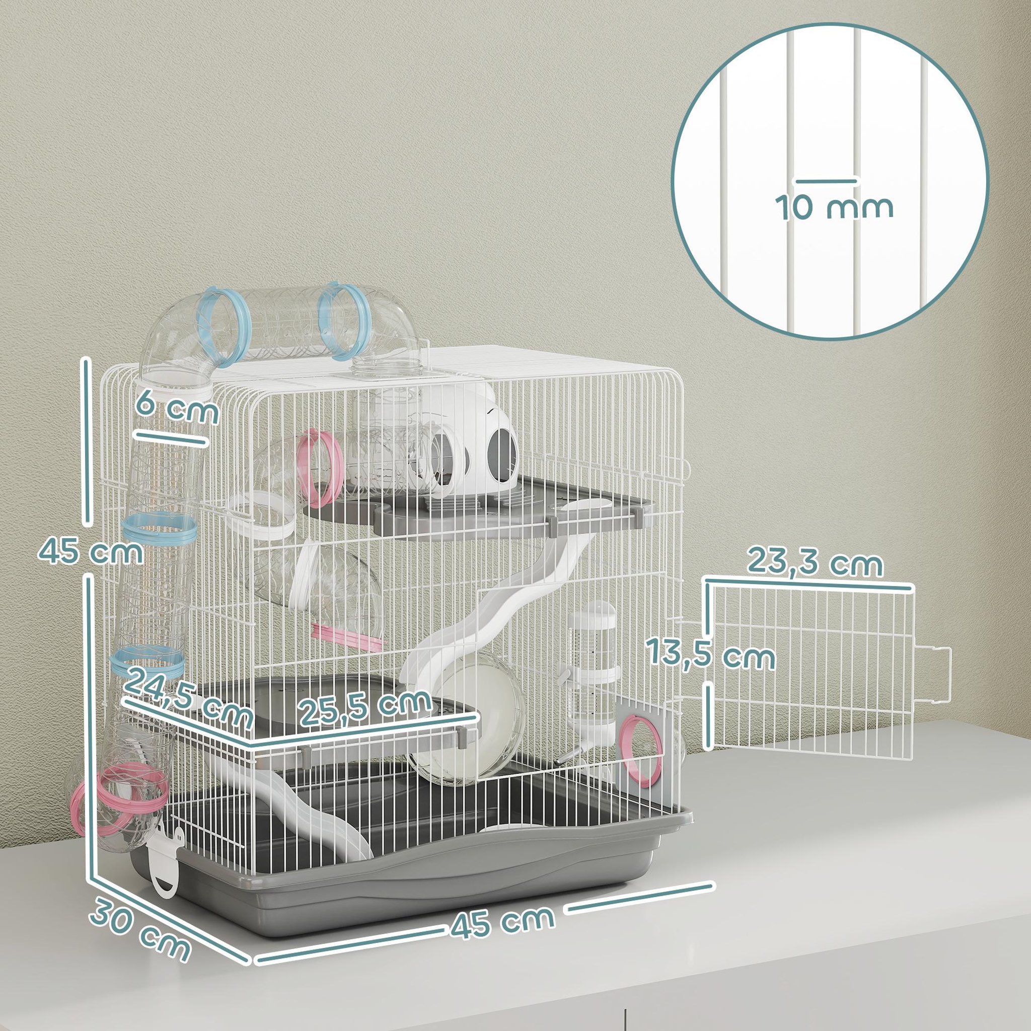 Voir la diapositive 3 : PAWHUT Cage rongeur hamster 3 niveaux cabane roue tunnel toboggan biberon mangeoire 45 x 30 x 45 cm blanc gris
