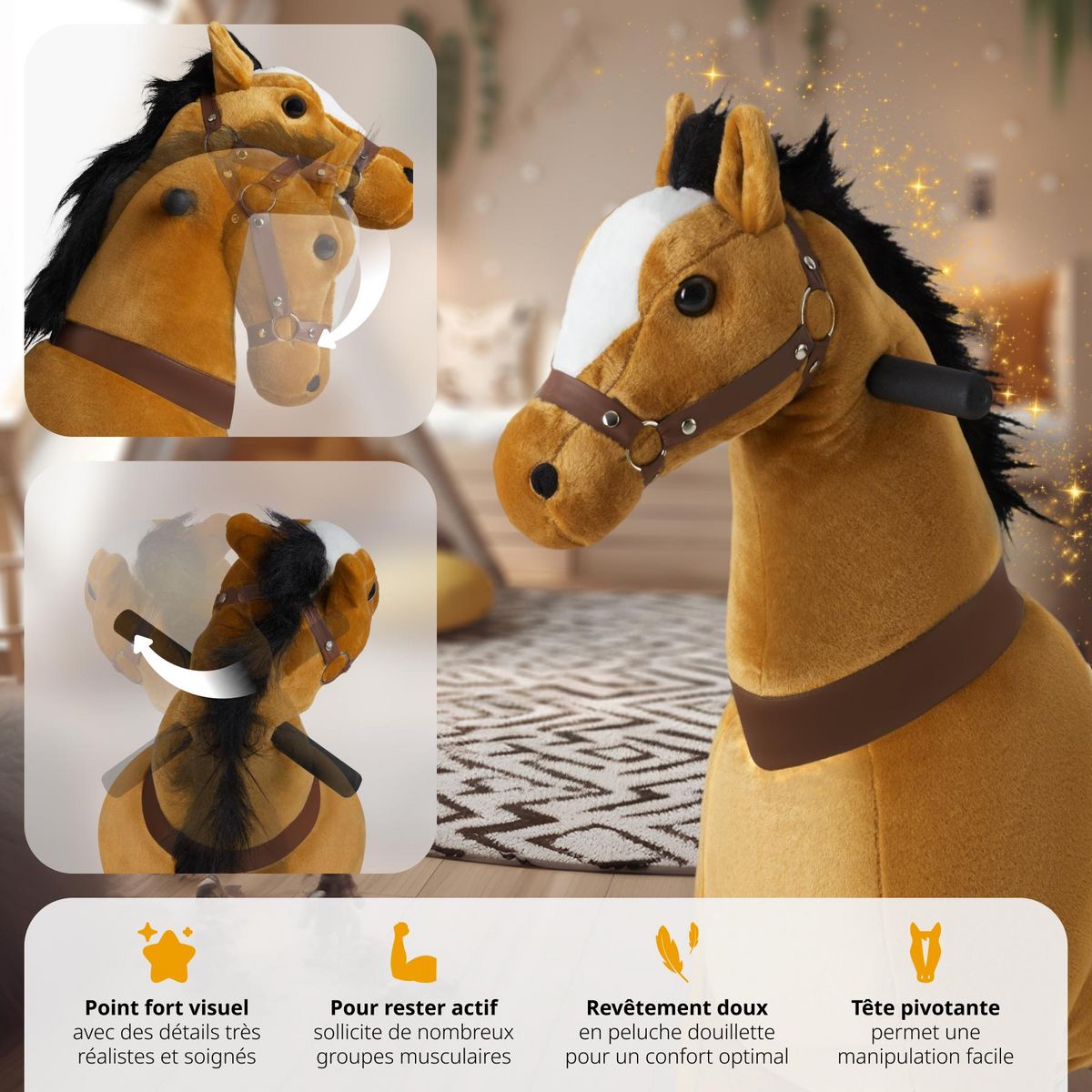 tectake Cheval à bascule sur roulettes au design réaliste Marron clair 34 x 89 x 100 cm