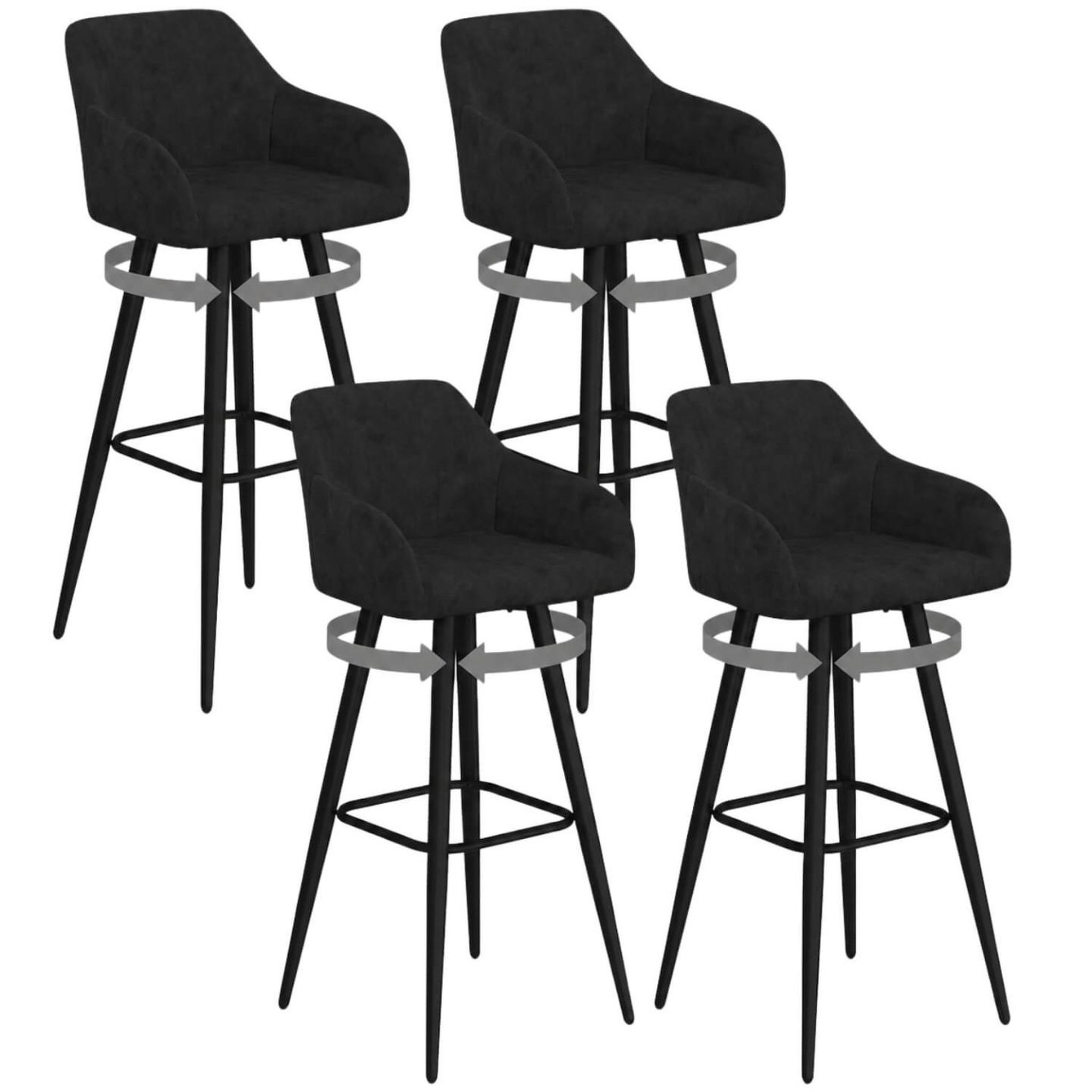 ID MARKET Lot de 4 tabourets de bar jany pivotants avec accoudoirs en velours noir et pieds bois noir