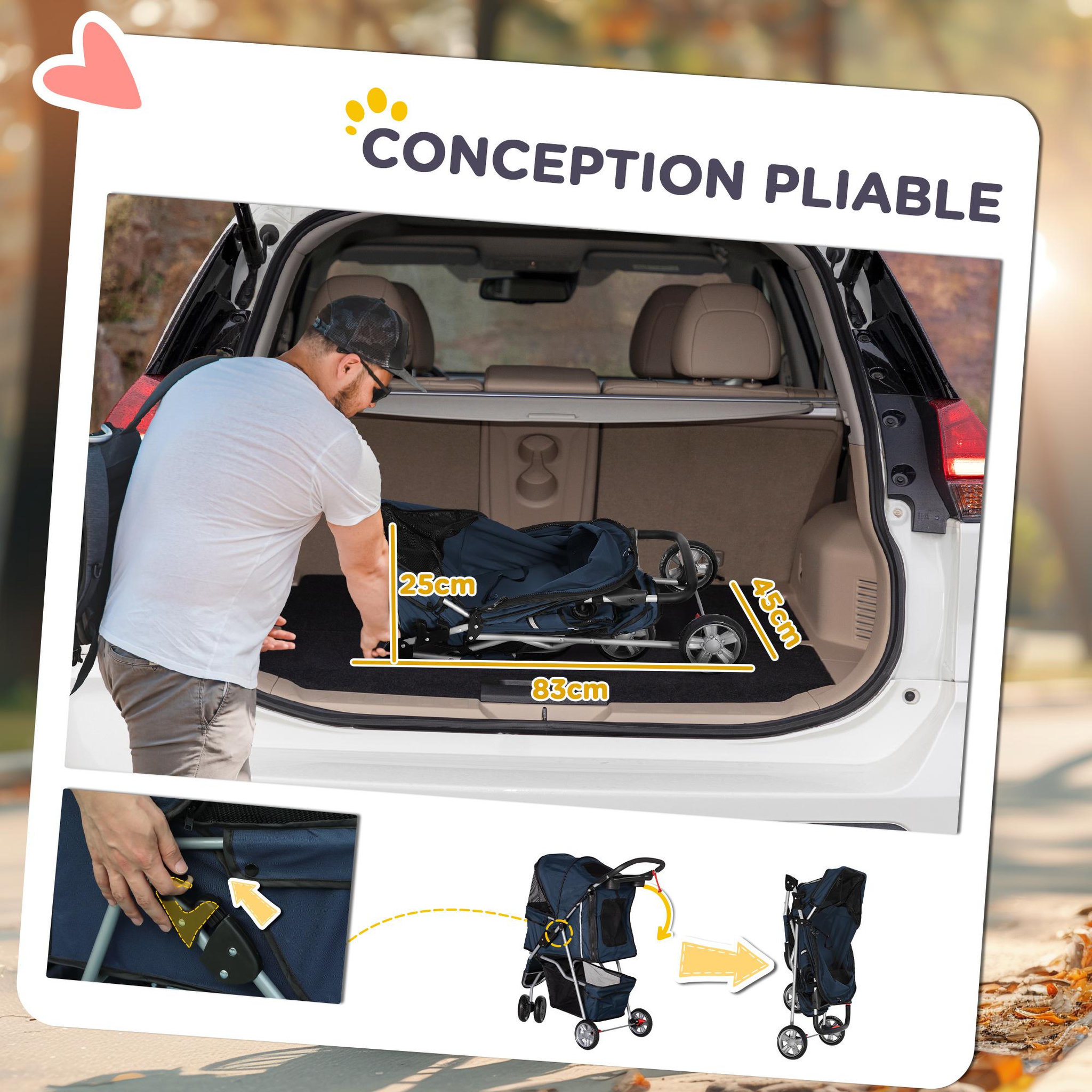 Voir la diapositive 6 : PAWHUT Poussette buggy pliable chien chat - porte-gobelet, panier rangement intégré - acier oxford bleu marine