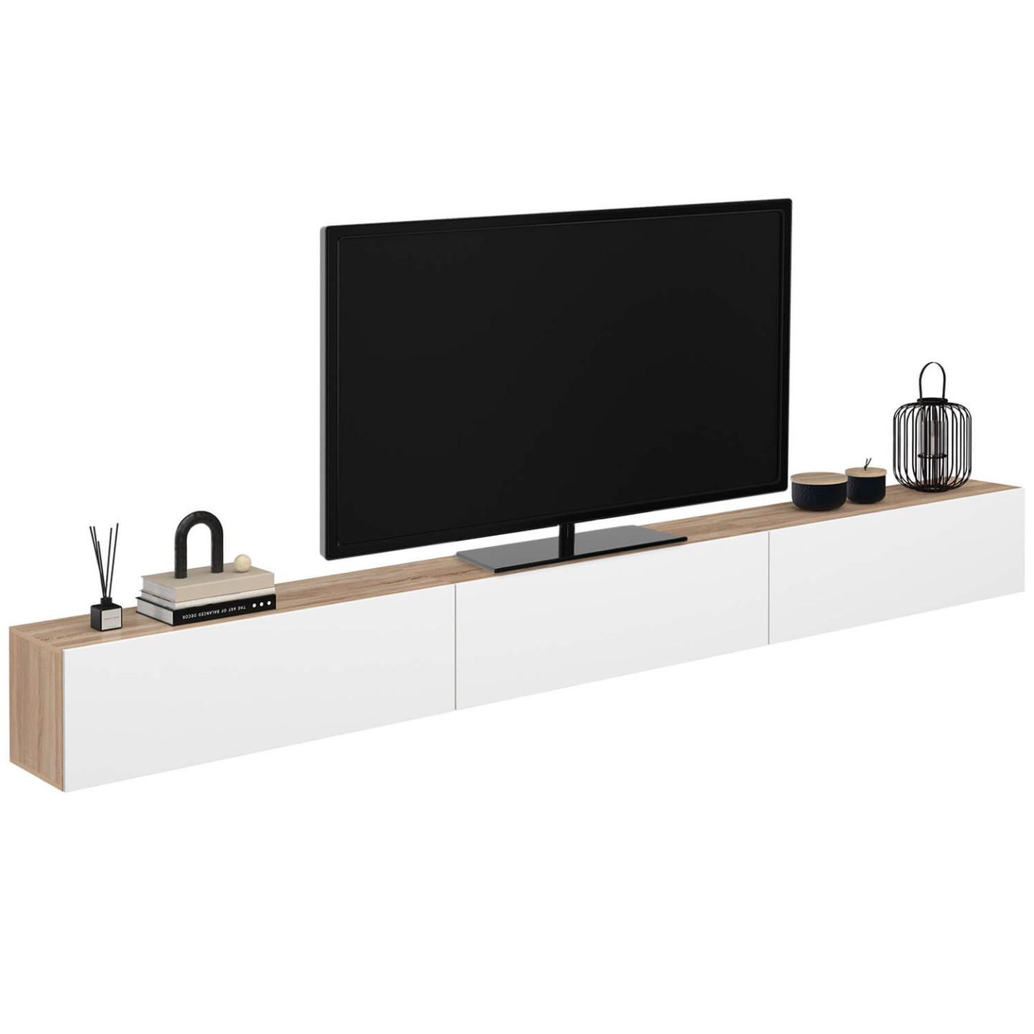 Voir la diapositive 2 : ID MARKET Meuble tv 300 cm suspendu elio 3 portes bois et blanc