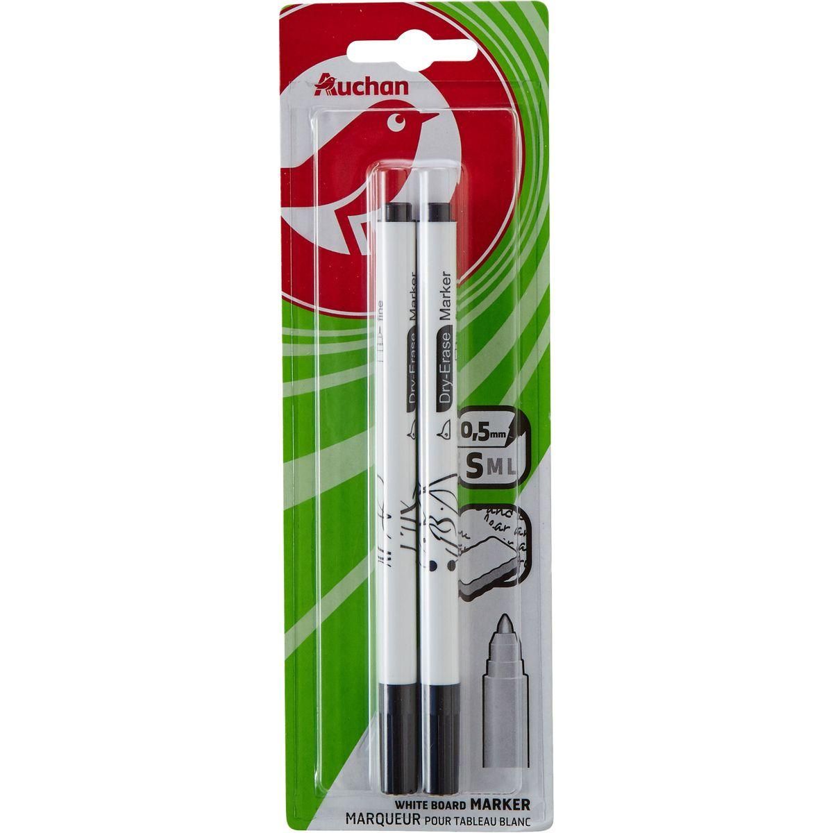 AUCHAN Lot de 2 marqueurs pour tableau blanc effaçables pointes fines noirs