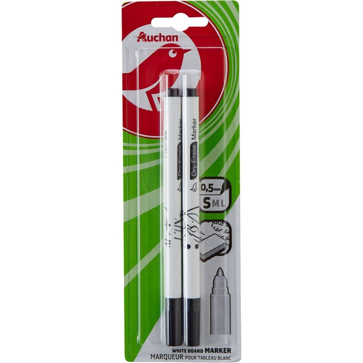 AUCHAN Lot de 2 marqueurs pour tableau blanc effaçables pointes fines noirs