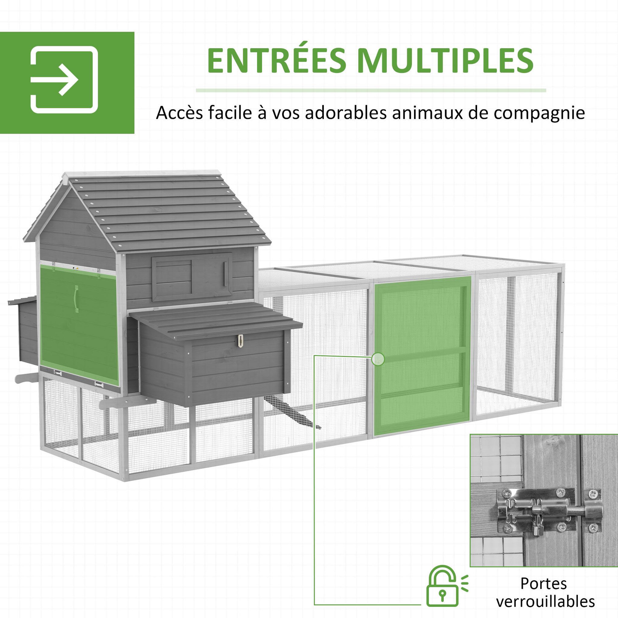 Voir la diapositive 5 : PAWHUT Poulailler cottage cage à poules sur pied dim. 310L x 149l x 149H cm multi-équipement bois sapin gris