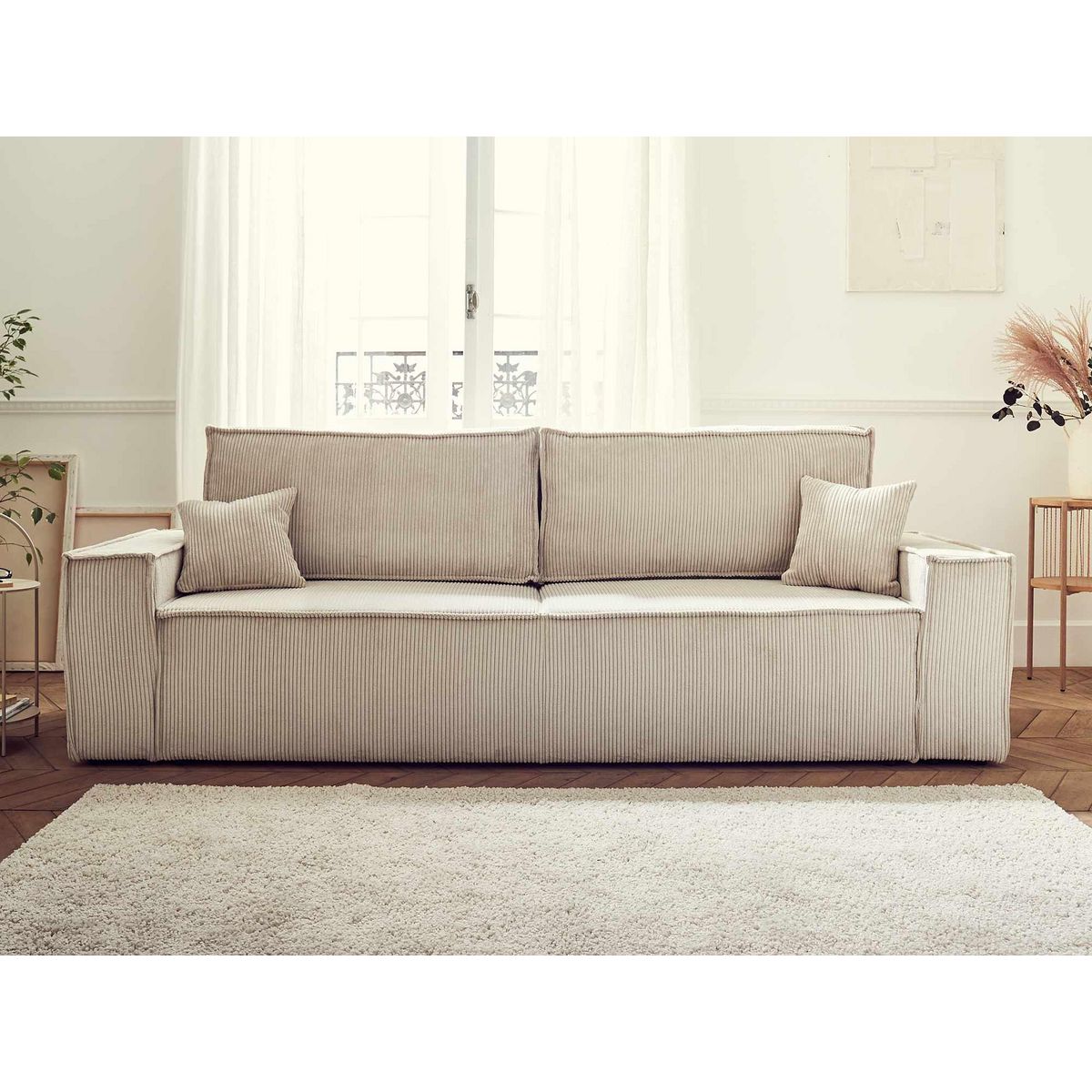 BEST MOBILIER Dellia - canapé 3 places convertible - avec coffre - en velours côtelé - style contemporain