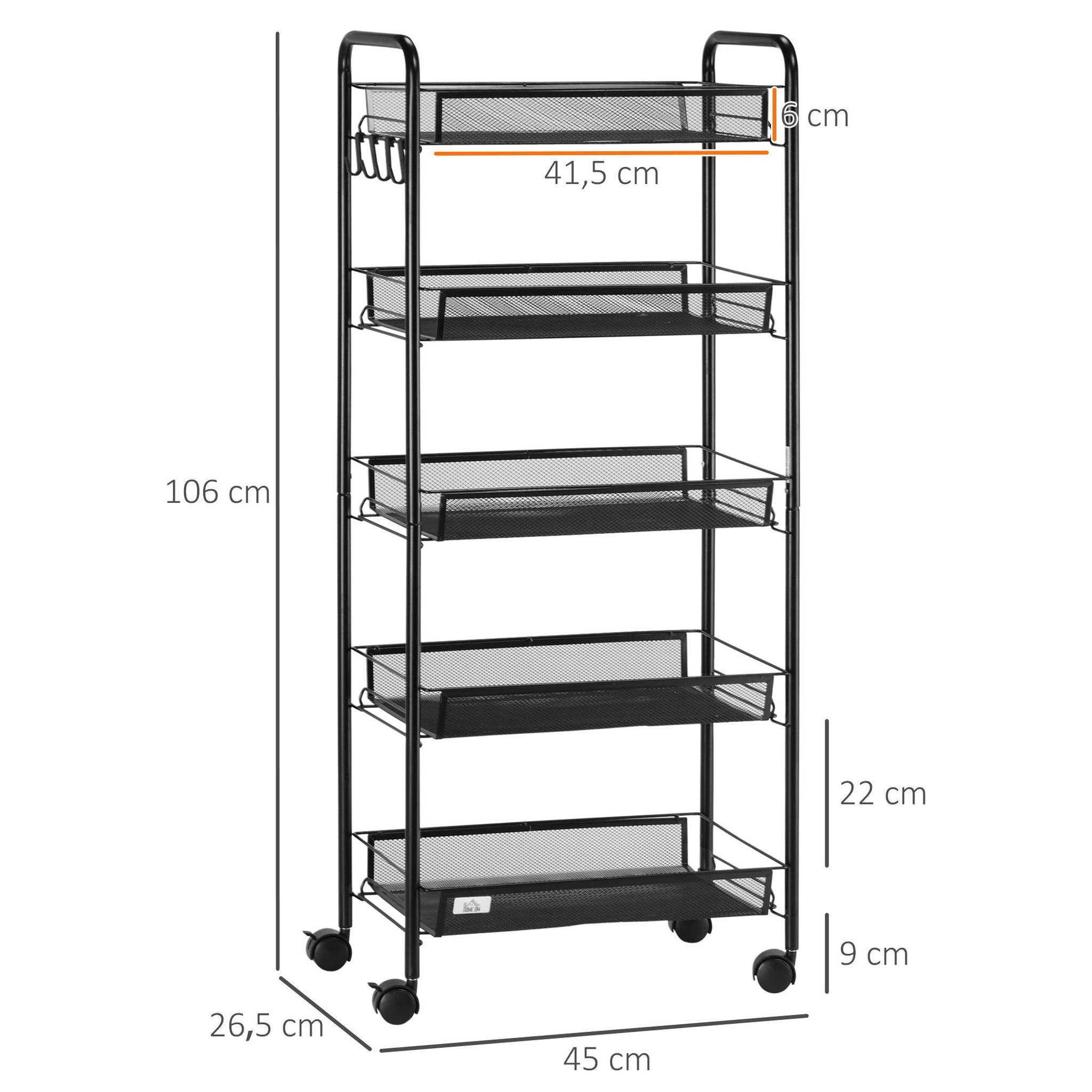 Voir la diapositive 3 : HOMCOM Chariot de service desserte de cuisine à roulettes 5 paniers métalliques amovibles 4 crochets acier