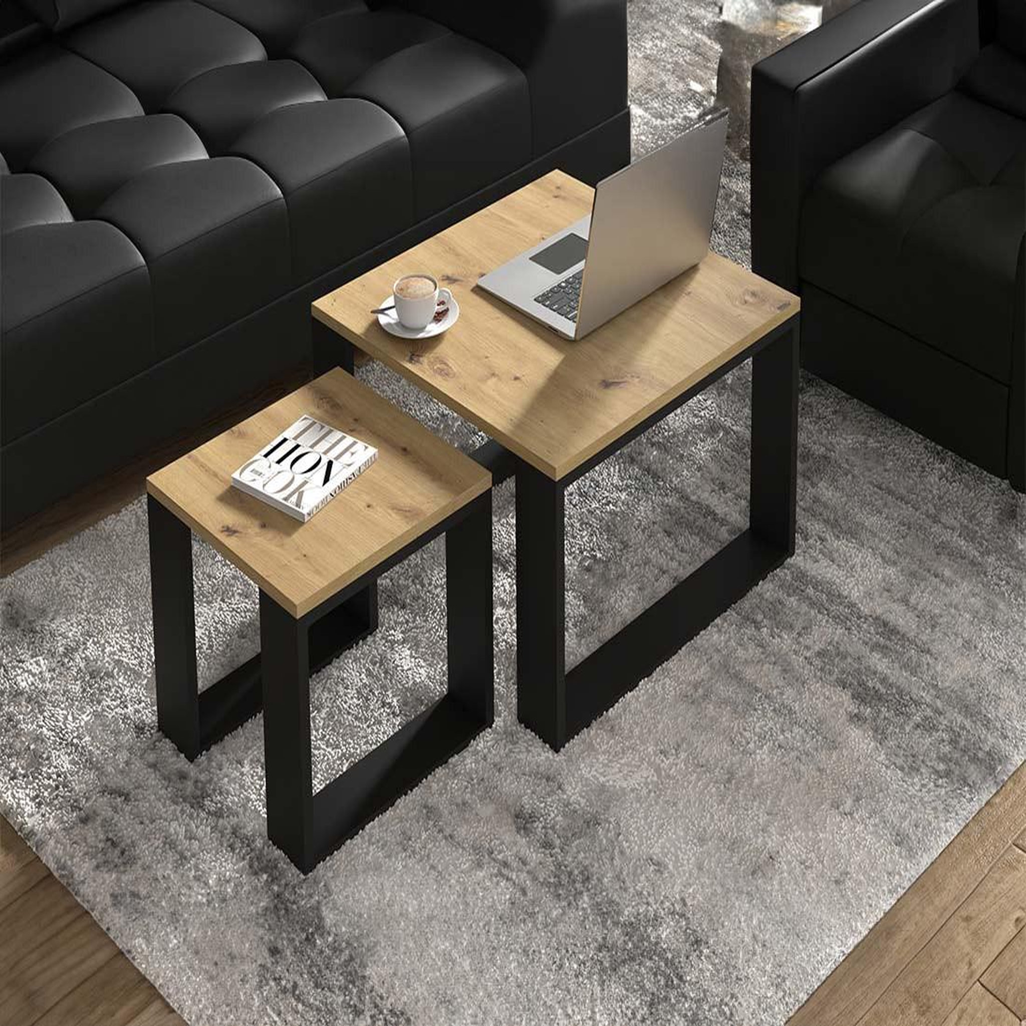 Voir la diapositive 5 : BEST MOBILIER Donnely - lot de 2 tables basses - effet bois et noir - 60 et 38 cm