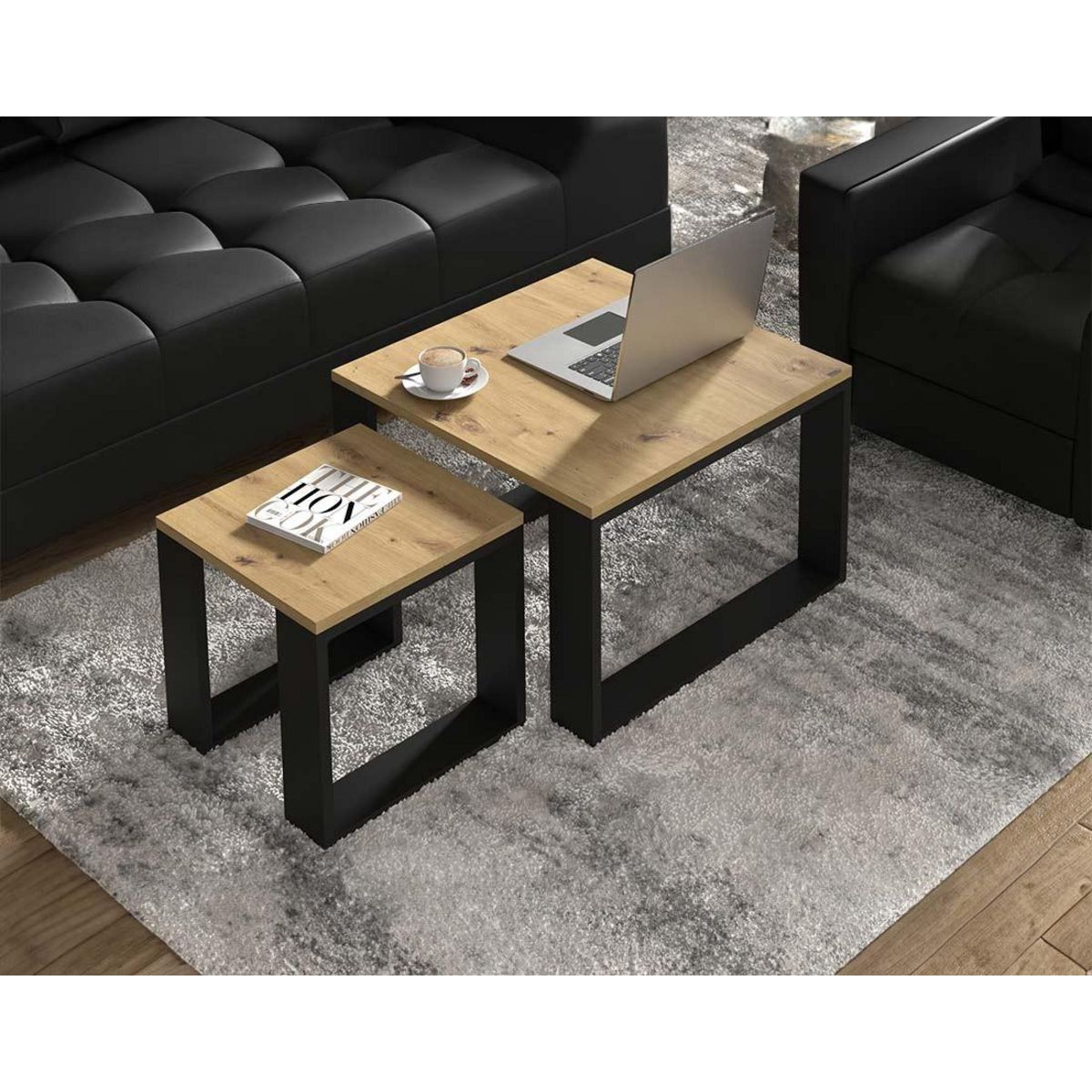 BEST MOBILIER Donnely - lot de 2 tables basses - effet bois et noir - 60 et 38 cm