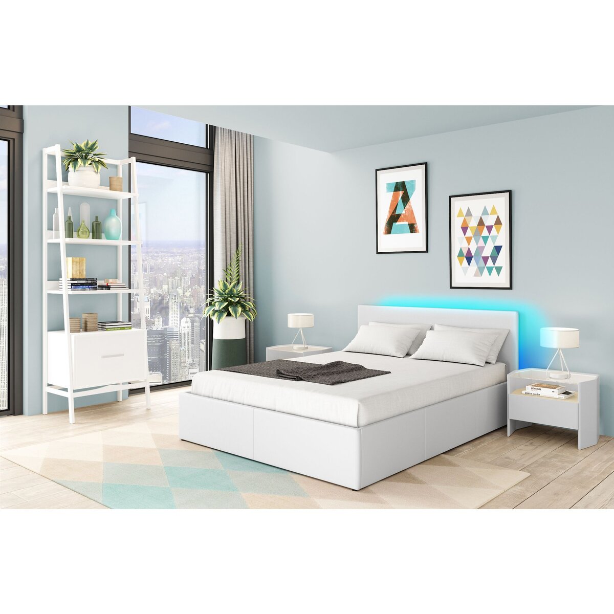 Lit coffre 140x190 cm avec sommier à lattes et tête de lit LED WILLOW
