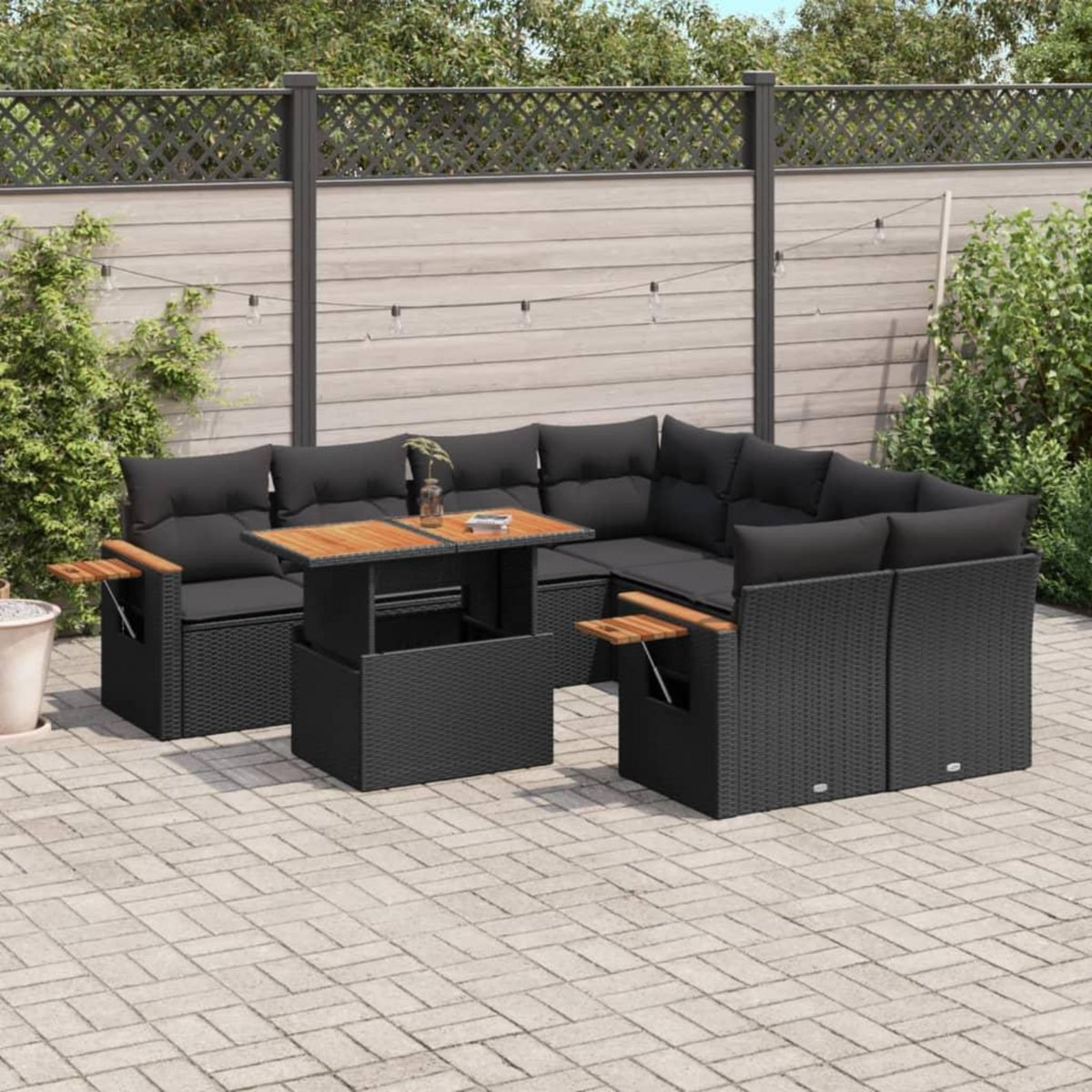 VIDAXL Salon de jardin 9 pcs avec coussins noir resine tressee