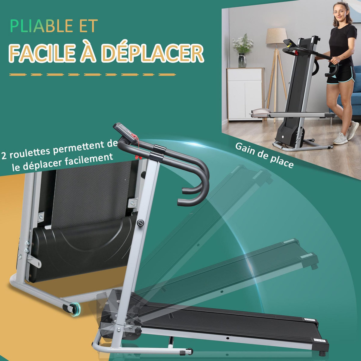 HOMCOM Tapis de course Fitness électrique pliable - 1 à 10 Km/h - écran LCD multifonctions - puissance 500 W - gris foncé noir