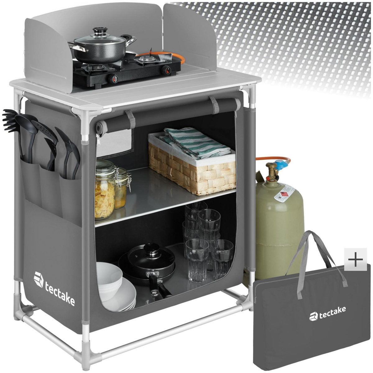 tectake Cuisine de camping premium avec 2 compartiments pliable gris