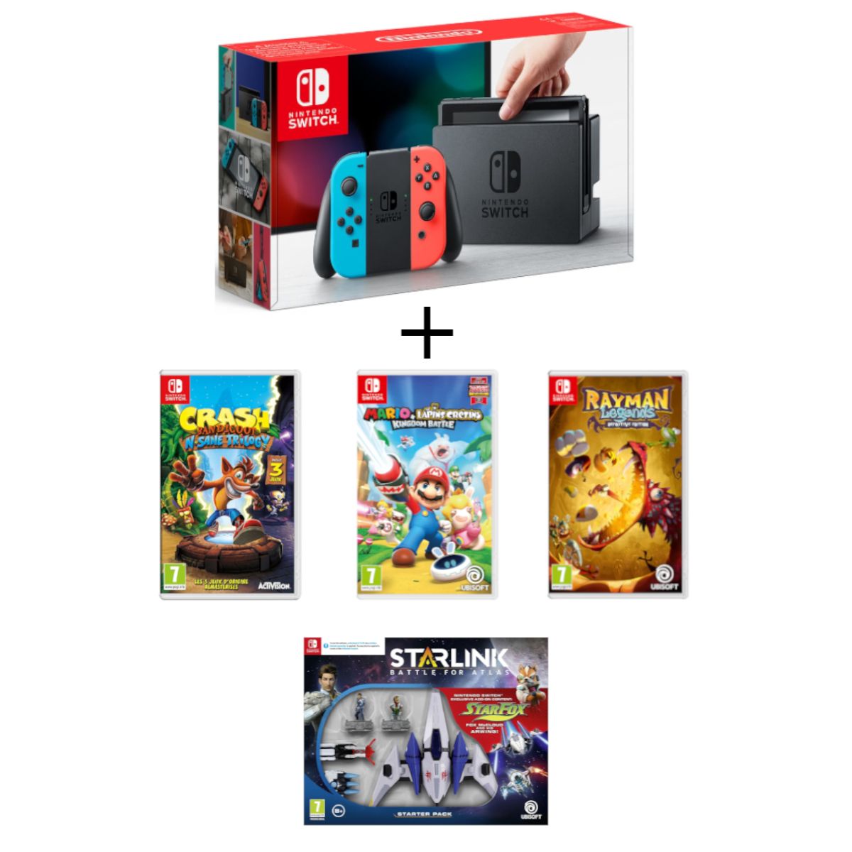 Console Nintendo Switch Joy-Con Néon + Crash Bandicoot N.Sane Trilogy + Starlink Starter Pack + Mario Lapins Crétins Kingdom Battle + Rayman Legends
