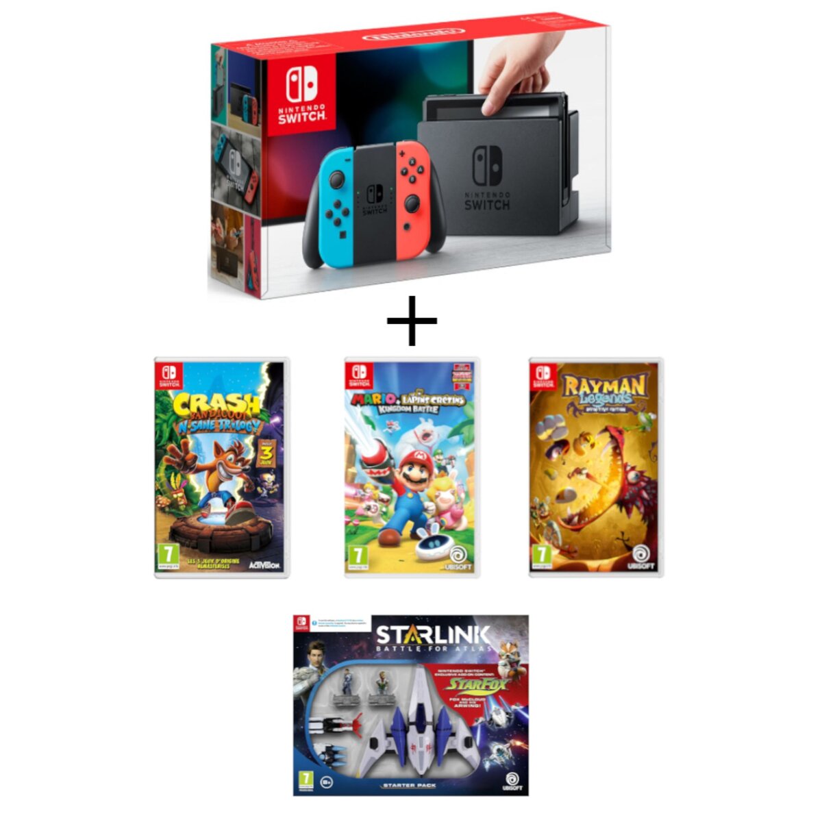 Console Nintendo Switch Joy-Con Néon + Crash Bandicoot N.Sane Trilogy + Starlink Starter Pack + Mario Lapins Crétins Kingdom Battle + Rayman Legends