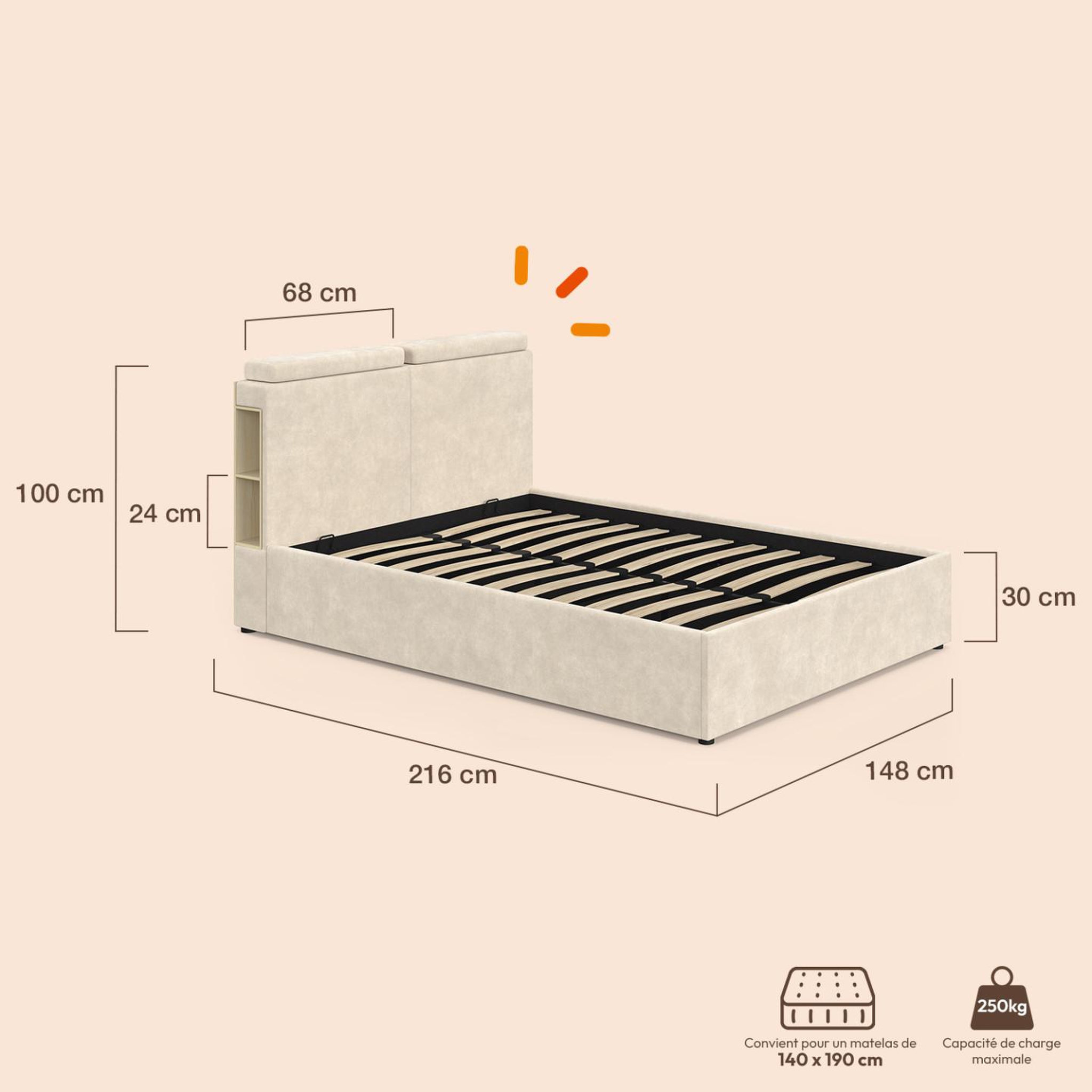 Voir la diapositive 4 : ID MARKET Lit coffre double BASTIAN avec rangements, tête de lit à appuis-tête réglables et sommier 140 x 190 cm velours beige