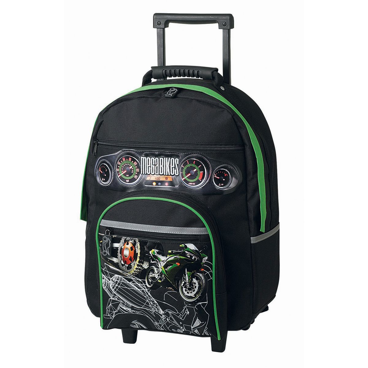 Sac à dos à roulettes moto noir liseré vert