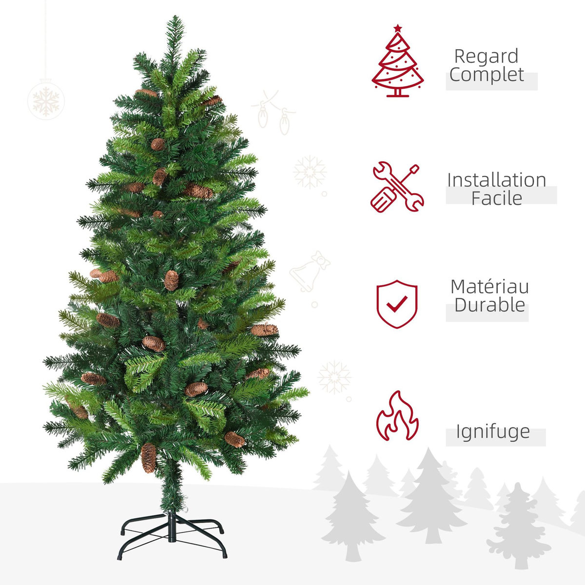 HOMCOM Sapin de Noël artificiel aspect réaliste Ø 60 x 150H cm 24 pommes de pin 360 branches imitation Nordmann
